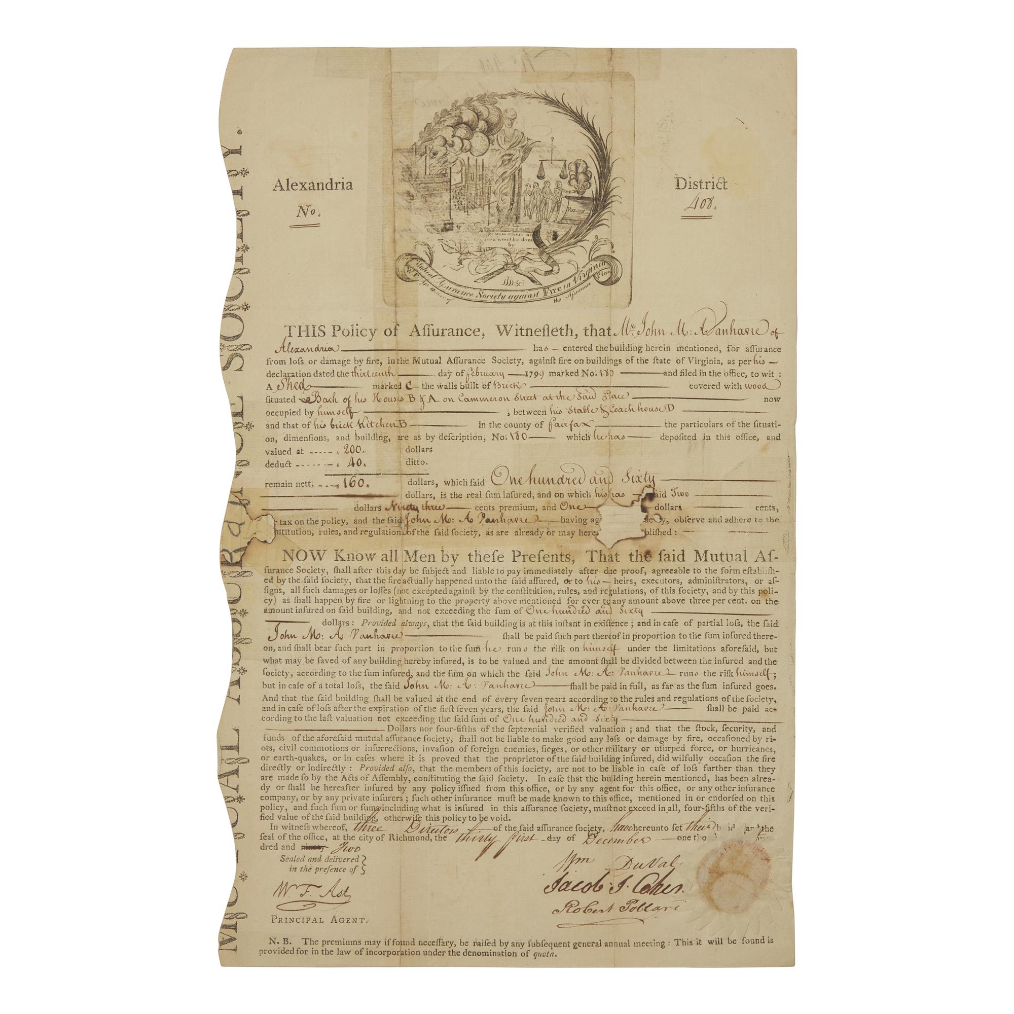 [Americana] Partially-printed Mutual Assurance Society Against Fire policy document