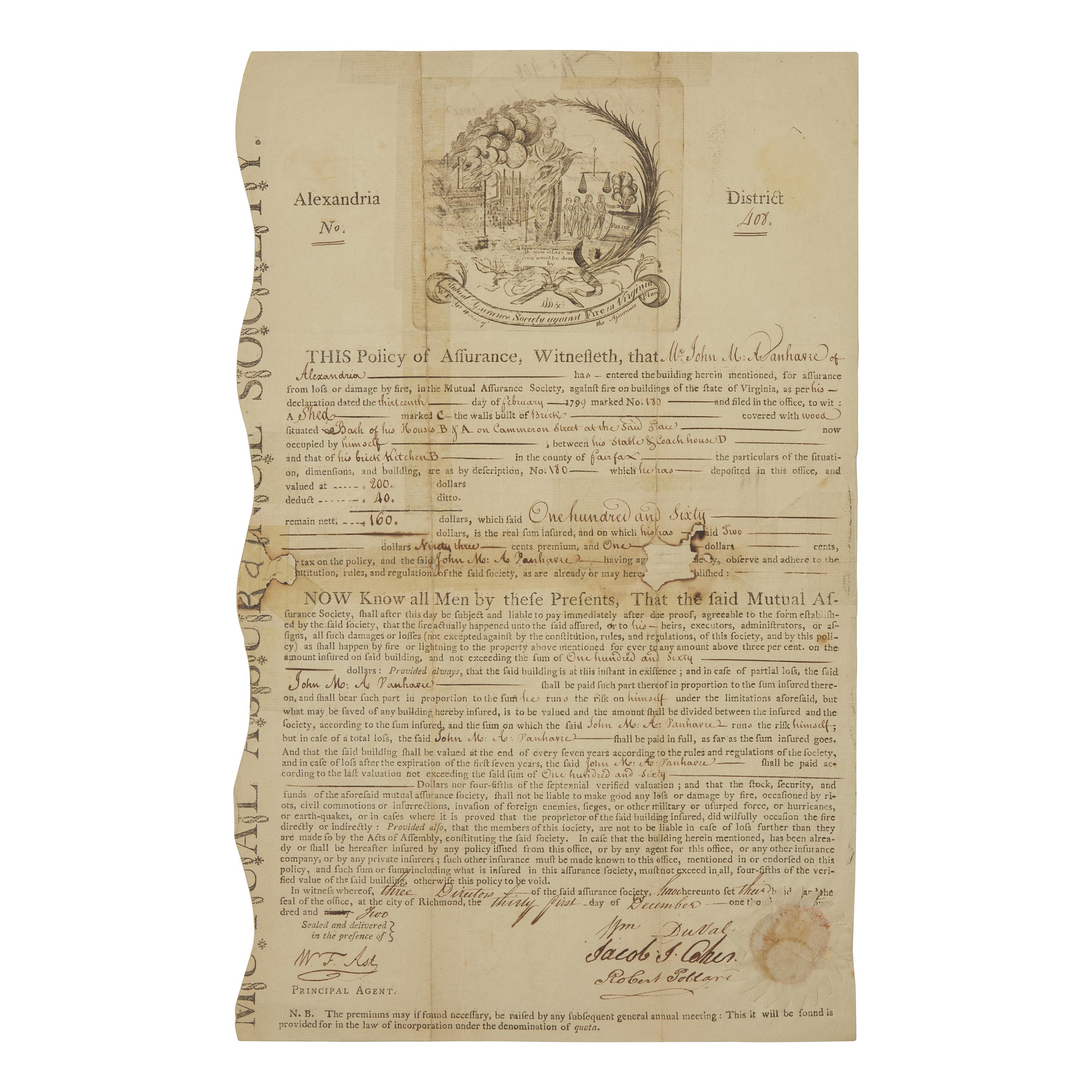 [Americana] Partially-printed Mutual Assurance Society Against Fire policy document