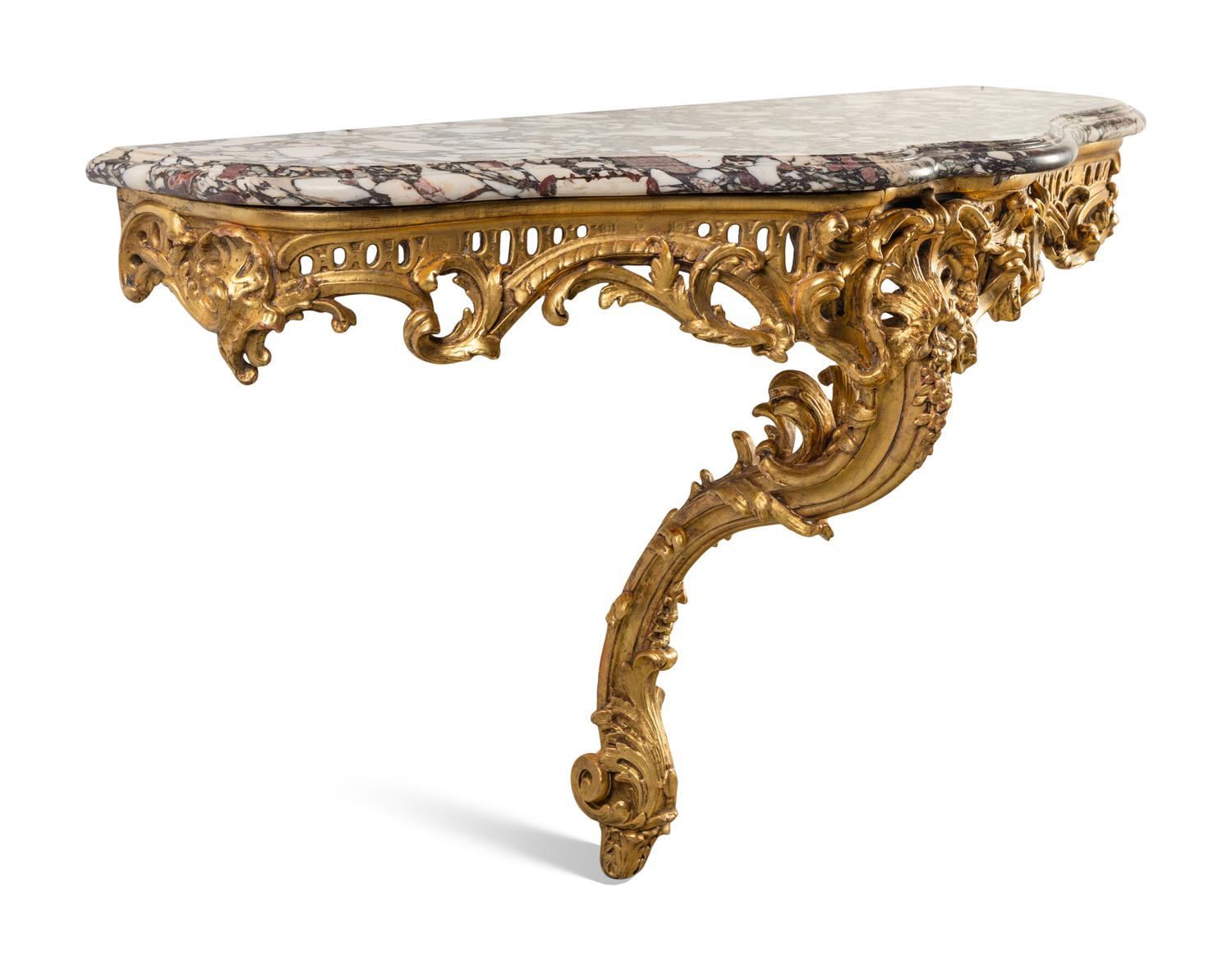 A Louis XV Giltwood and Brêche Violette Marble-Top Console Table