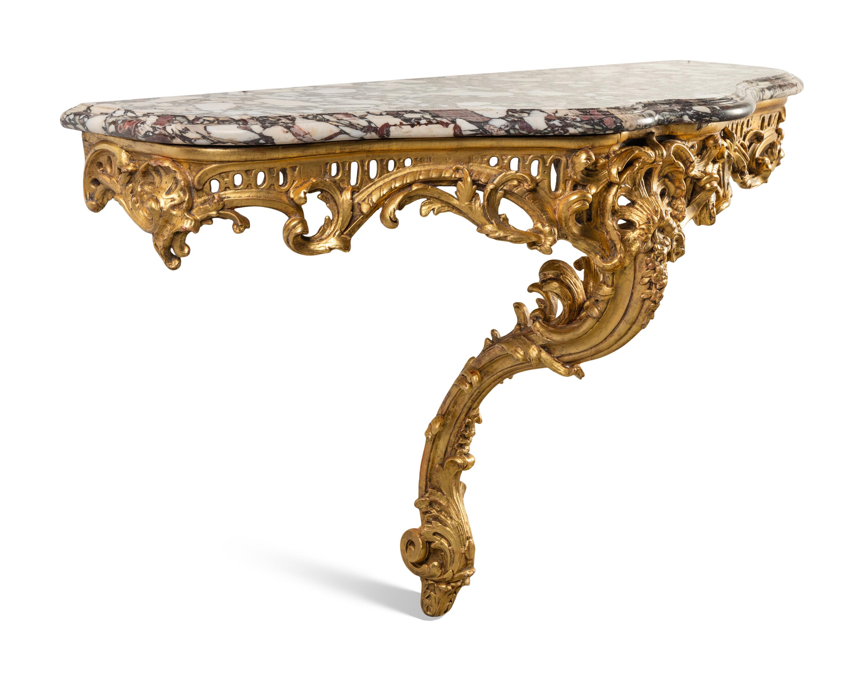A Louis XV Giltwood and Brêche Violette Marble-Top Console Table