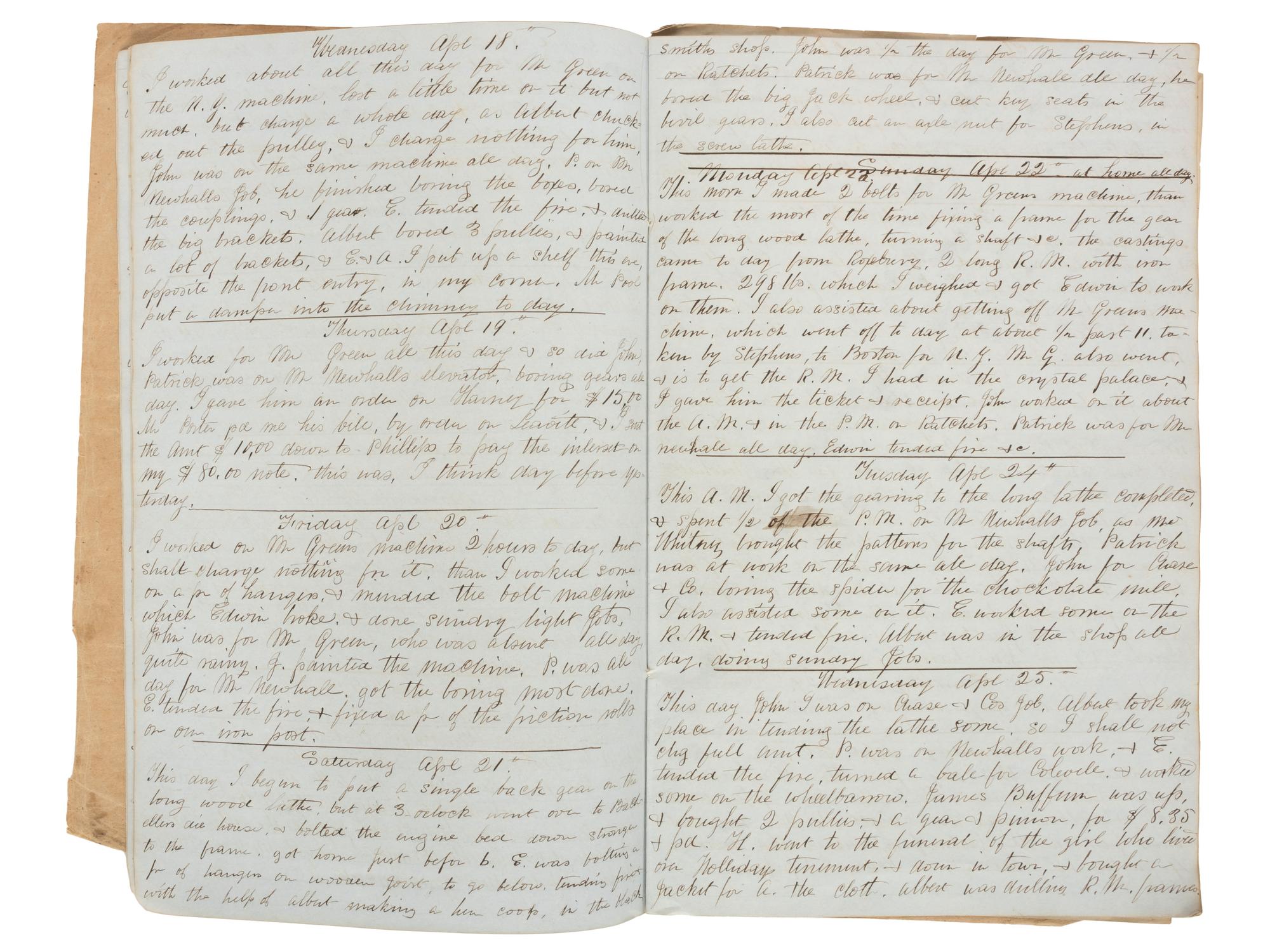 America in Manuscript Diaries of machinist Nathaniel S. Raymond (1811-1860), containing detailed descriptions of skilled labor and ongoing business transactions. Lynn, Essex County, Massachusetts, 1855 and 1859.
