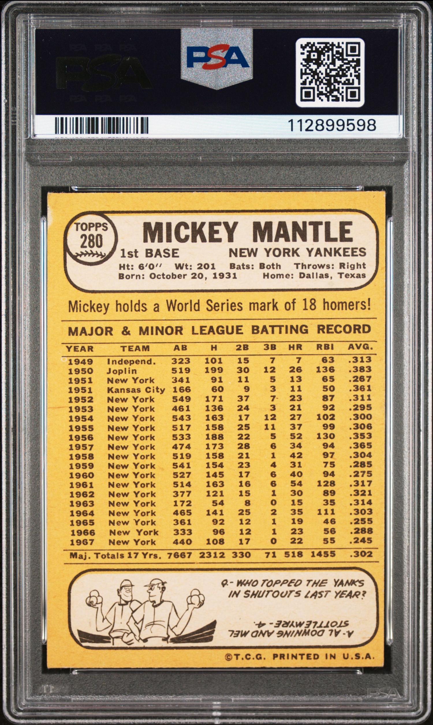 A 1968 Topps Mickey Mantle Baseball Card No. 280 (PSA 3 VG)