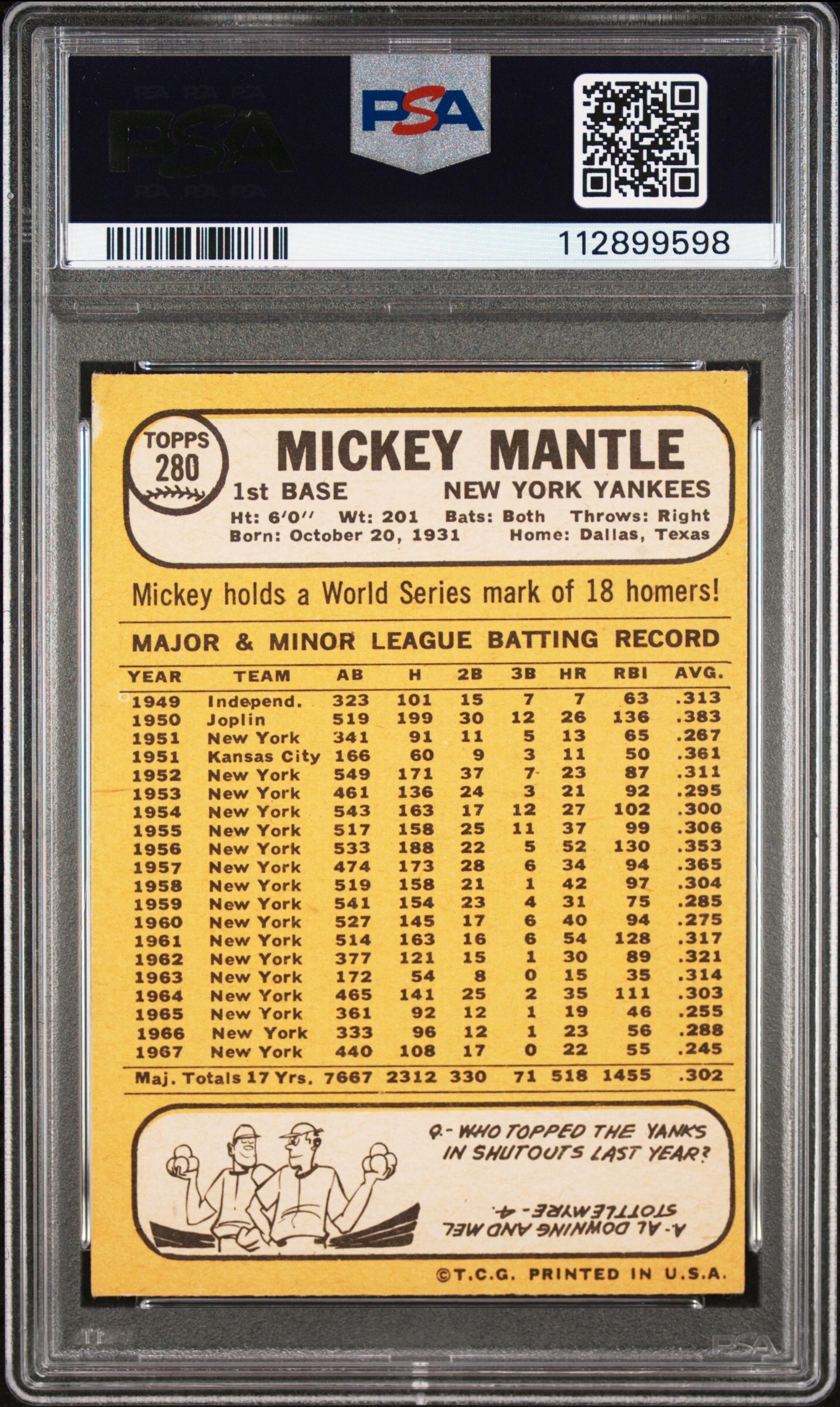 A 1968 Topps Mickey Mantle Baseball Card No. 280 (PSA 3 VG)
