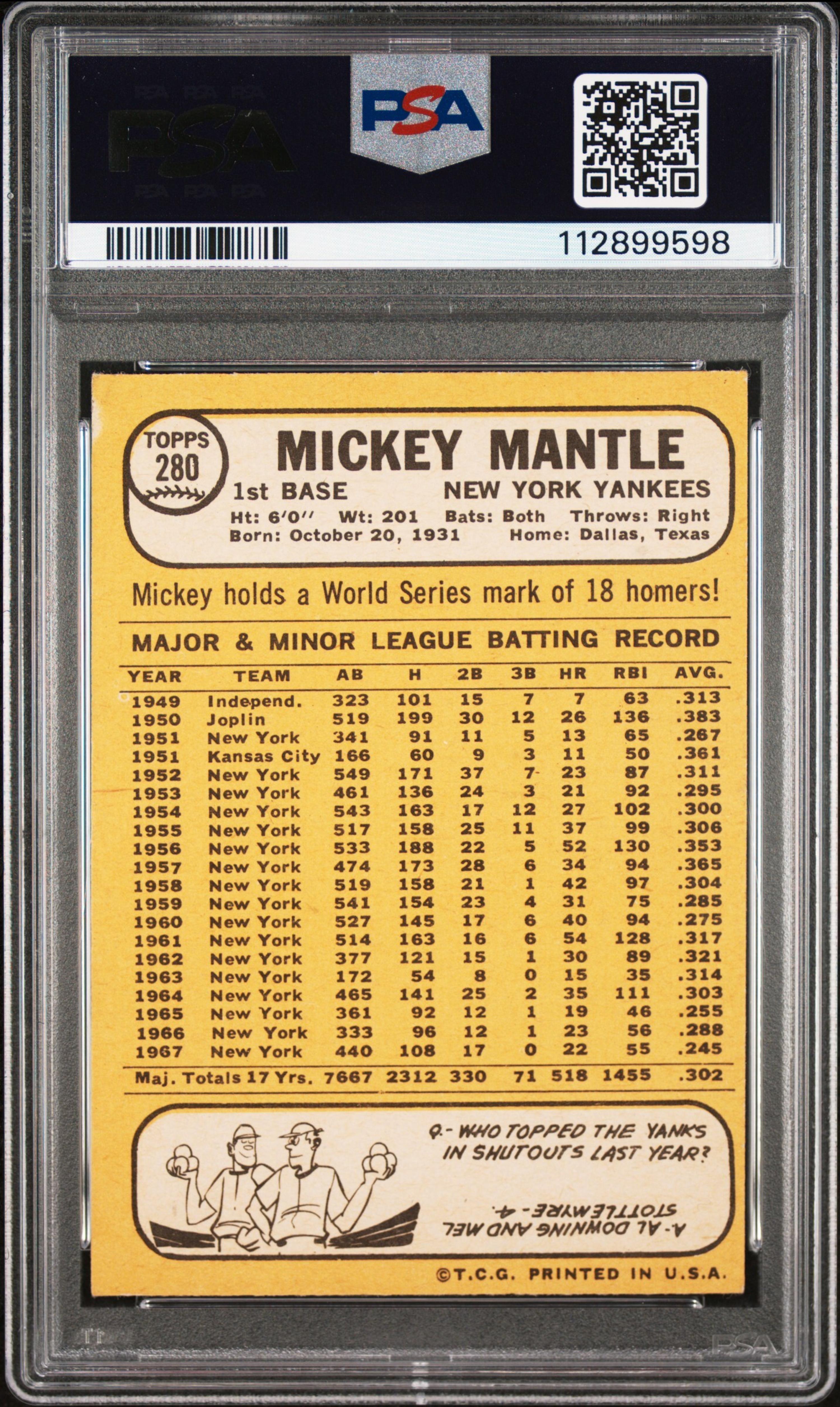 A 1968 Topps Mickey Mantle Baseball Card No. 280 (PSA 3 VG)