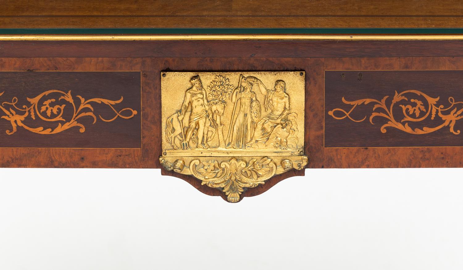 A Victorian Gilt Metal Mounted Amboyna and Marquetry Center Table