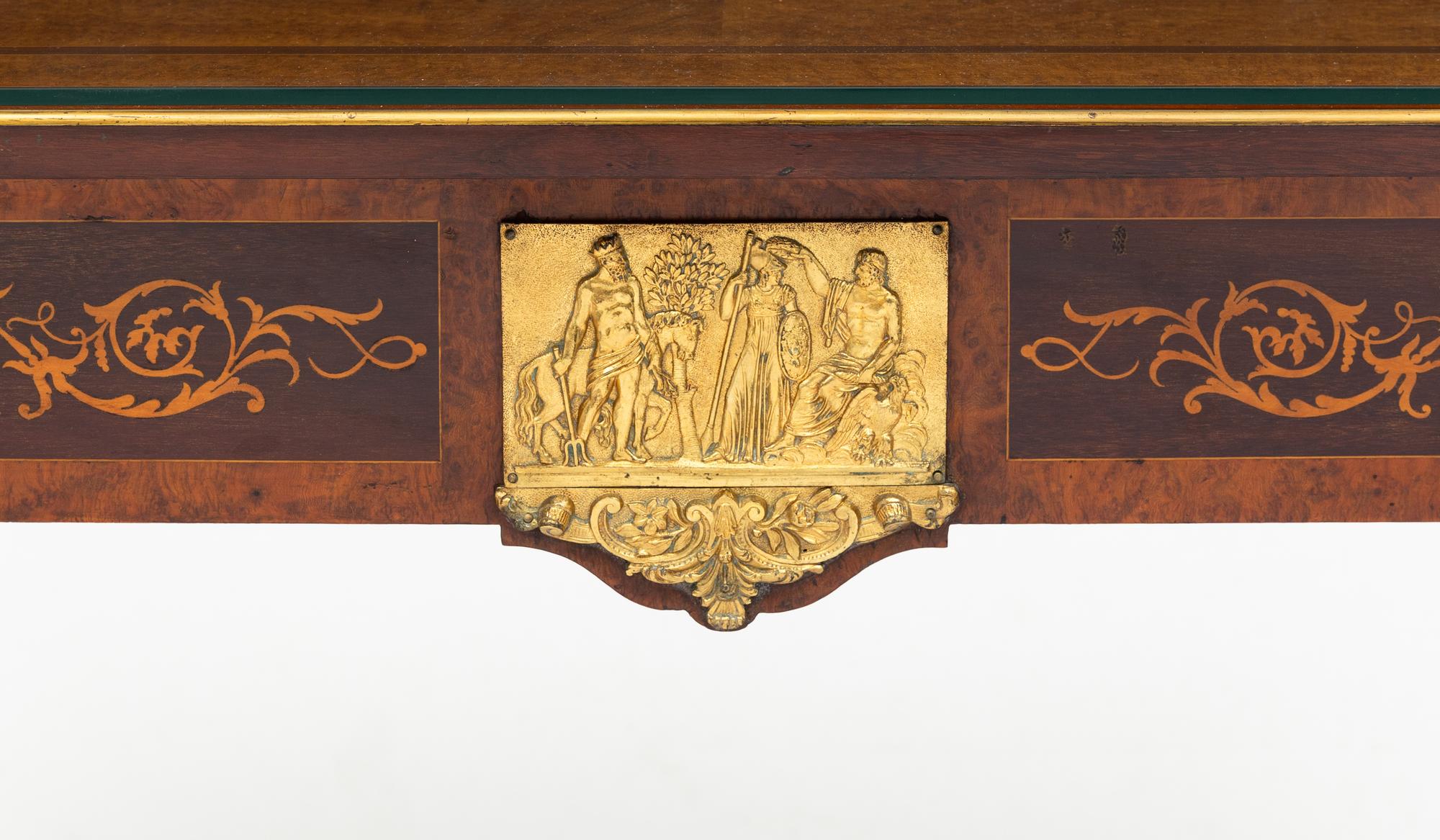 A Victorian Gilt Metal Mounted Amboyna and Marquetry Center Table