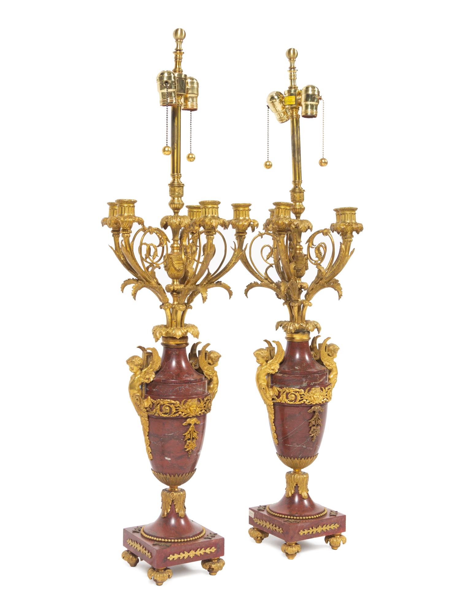 A Pair of Louis XV Style Gilt Bronze Mounted Marble Candelabra