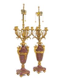 A Pair of Louis XV Style Gilt Bronze Mounted Marble Candelabra