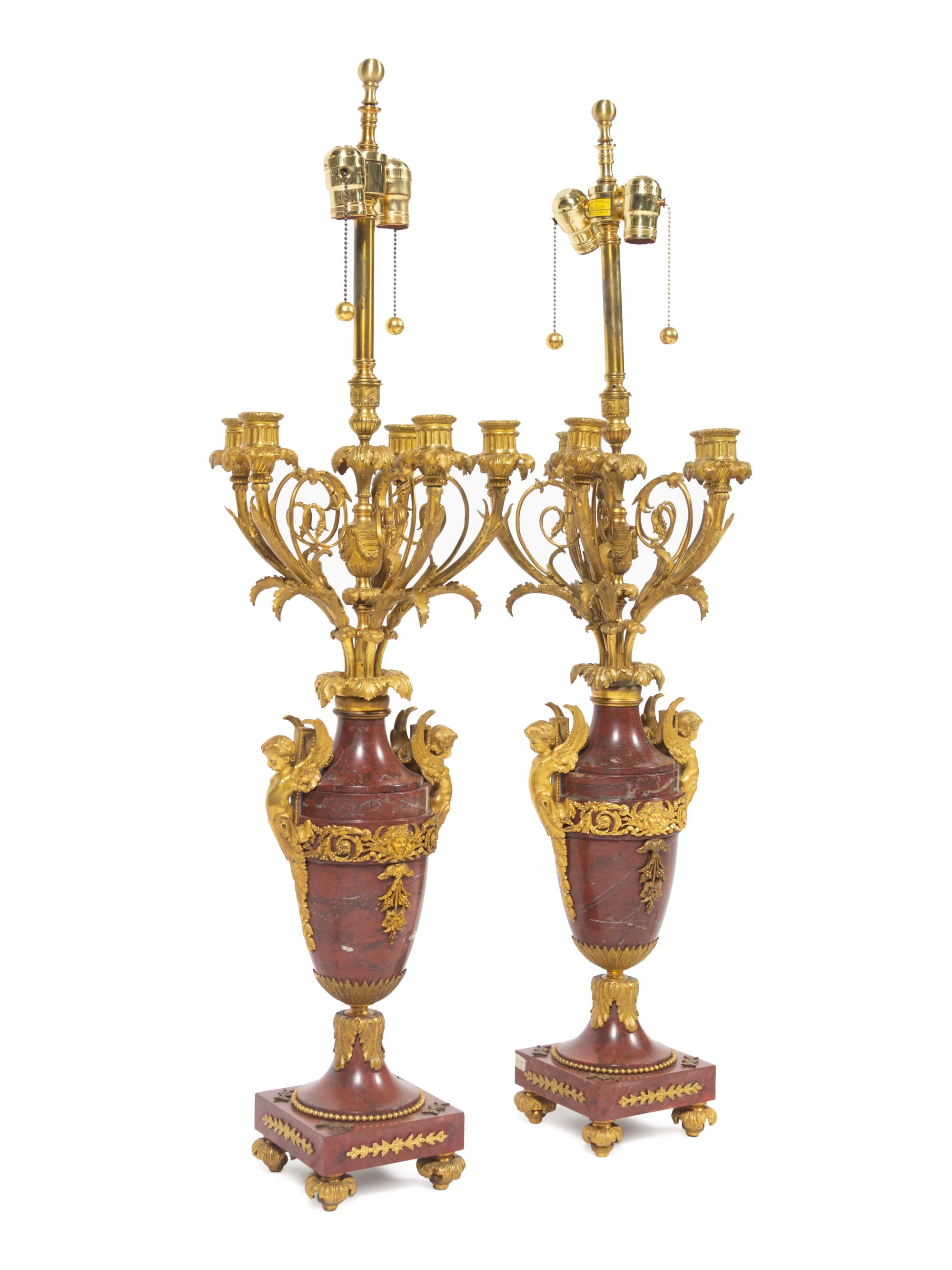 A Pair of Louis XV Style Gilt Bronze Mounted Marble Candelabra