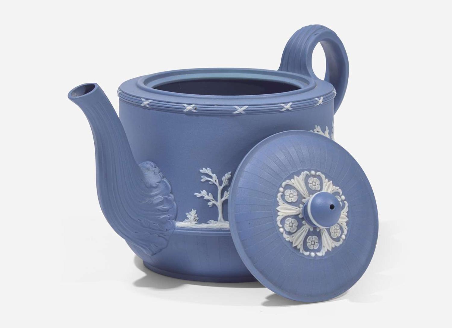 A Turner & Co. Solid Blue Engine Turned Jasperware Teapot, UK, circa 1790-1800