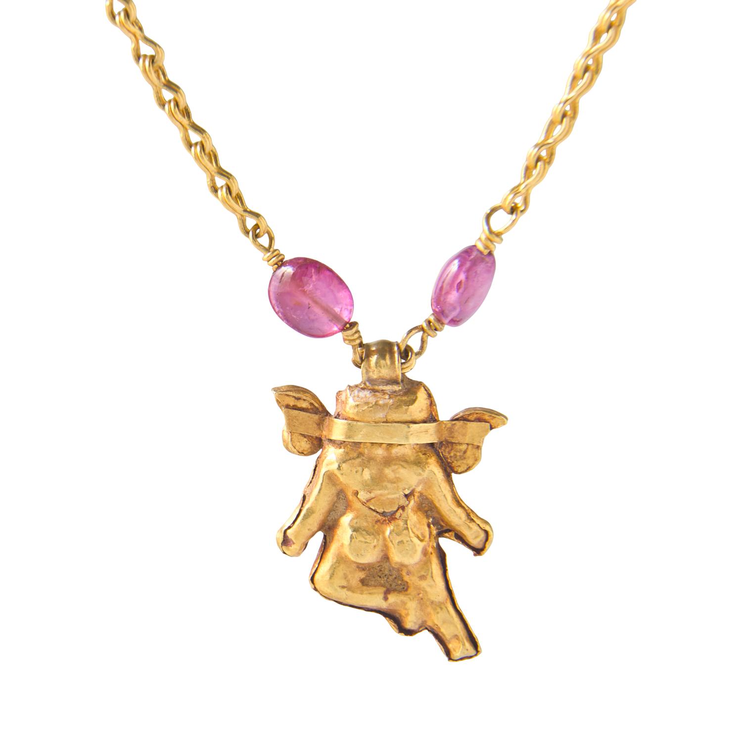 A Hellenistic Gold Eros Pendant — with a modern gold and pink spinel beads chain