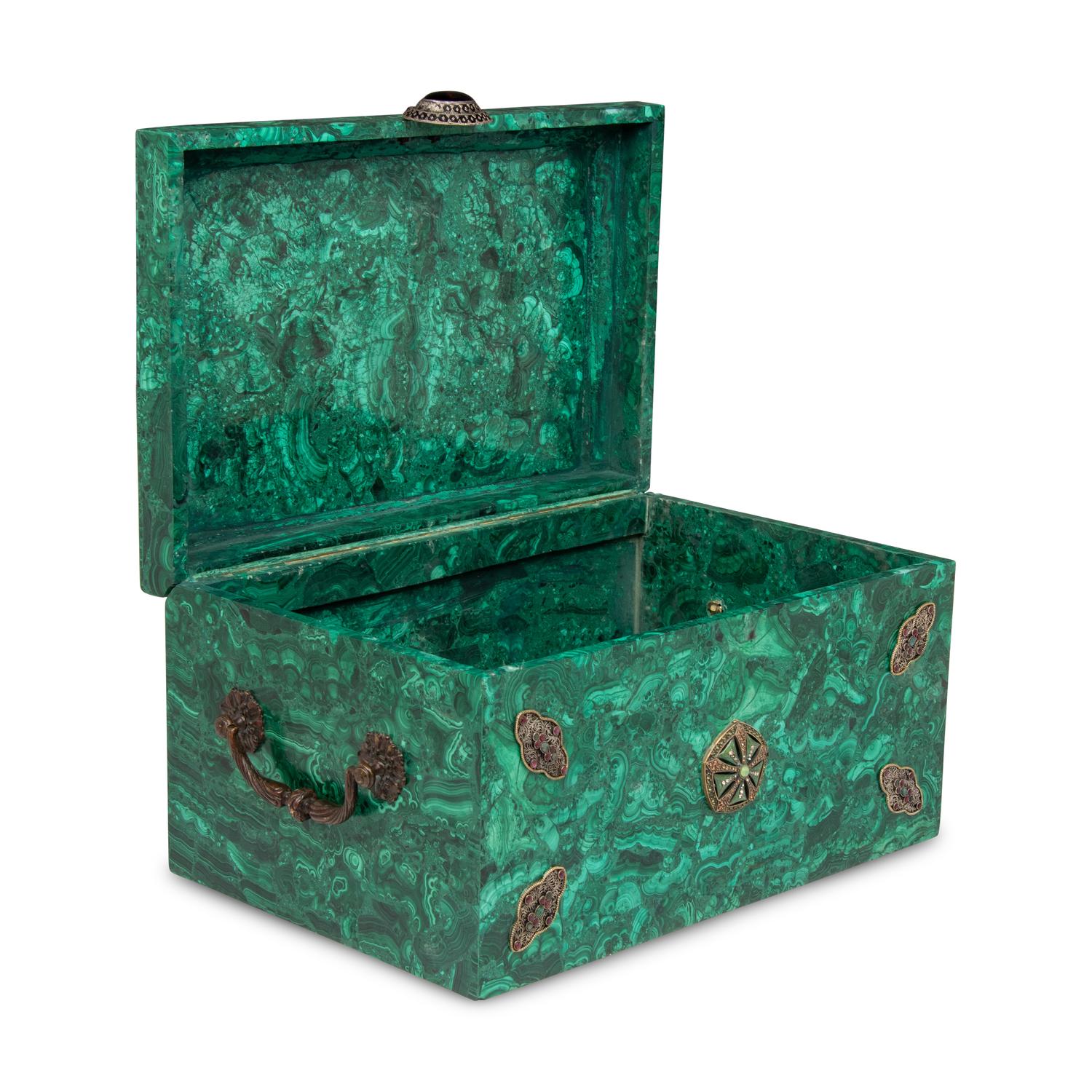 A Large Filigree, Ruby and Emerald-Mounted Malachite Box