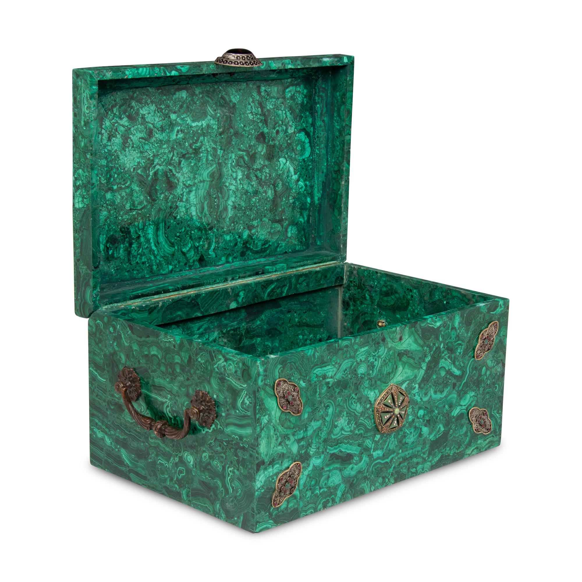 A Large Filigree, Ruby and Emerald-Mounted Malachite Box