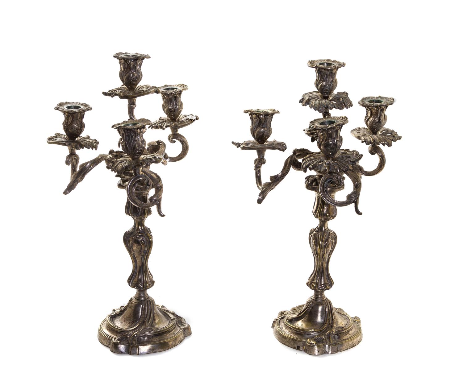 A Pair of Louis XV Style Silvered Bronze Four-Light Candelabra, Height 18 inches.