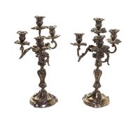 A Pair of Louis XV Style Silvered Bronze Four-Light Candelabra, Height 18 inches.