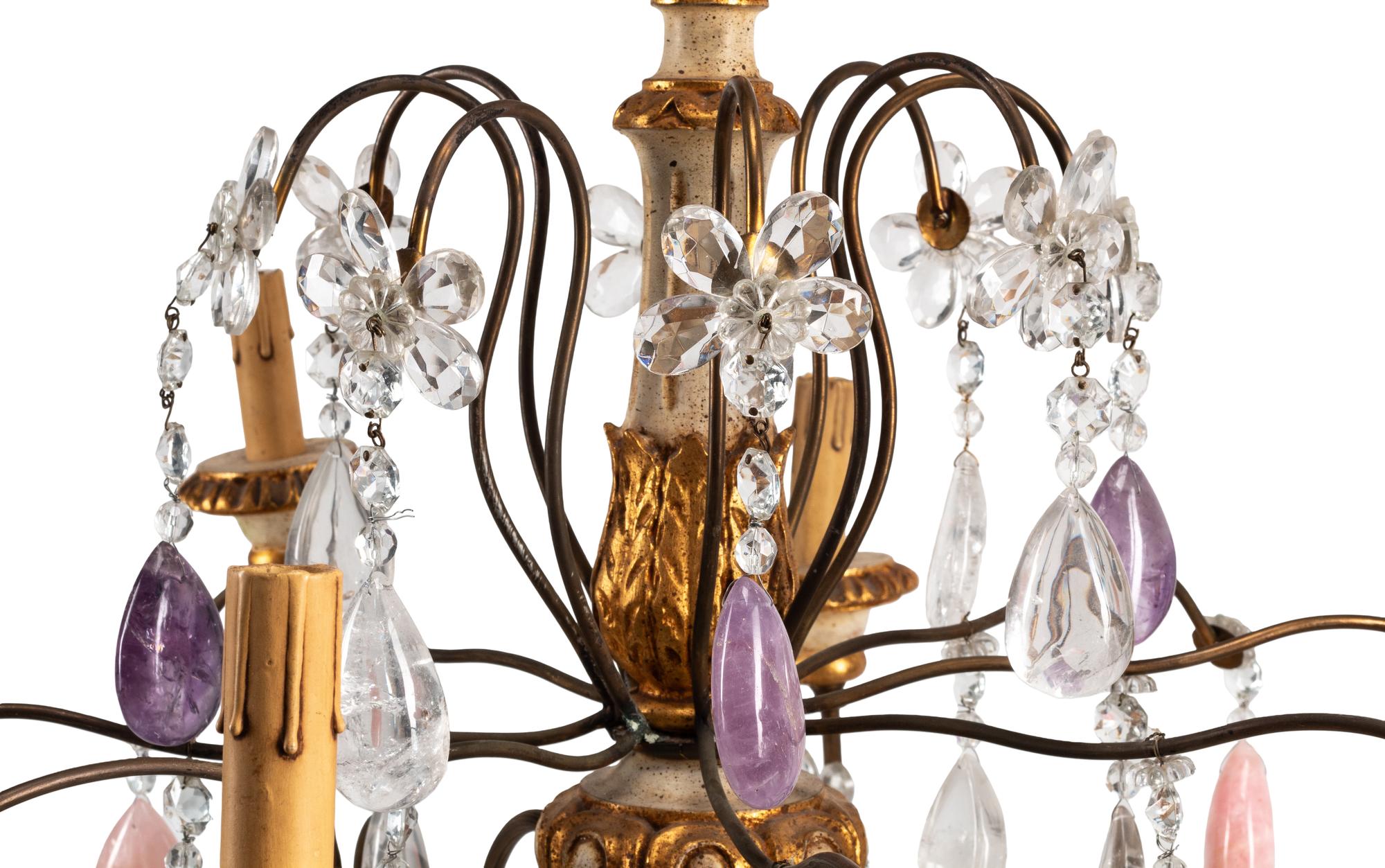 An Italian Neoclassical Style Painted and Parcel Gilt Wood, Metal and Rock Crystal Chandelier