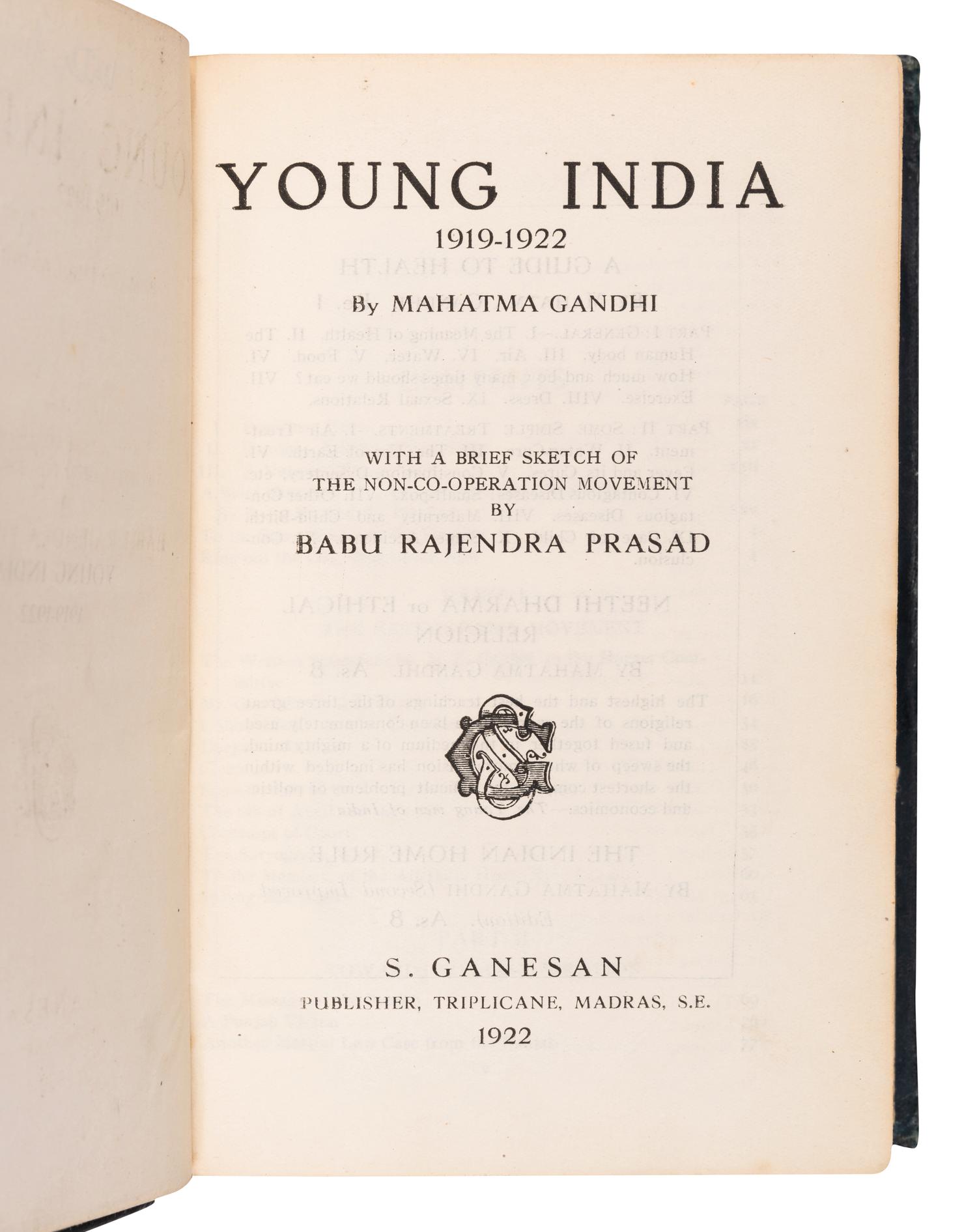 GANDHI, Mohandas K. (1869-1948). Young India, 1919-1922 . Madras: S. Ganesan, 1922.