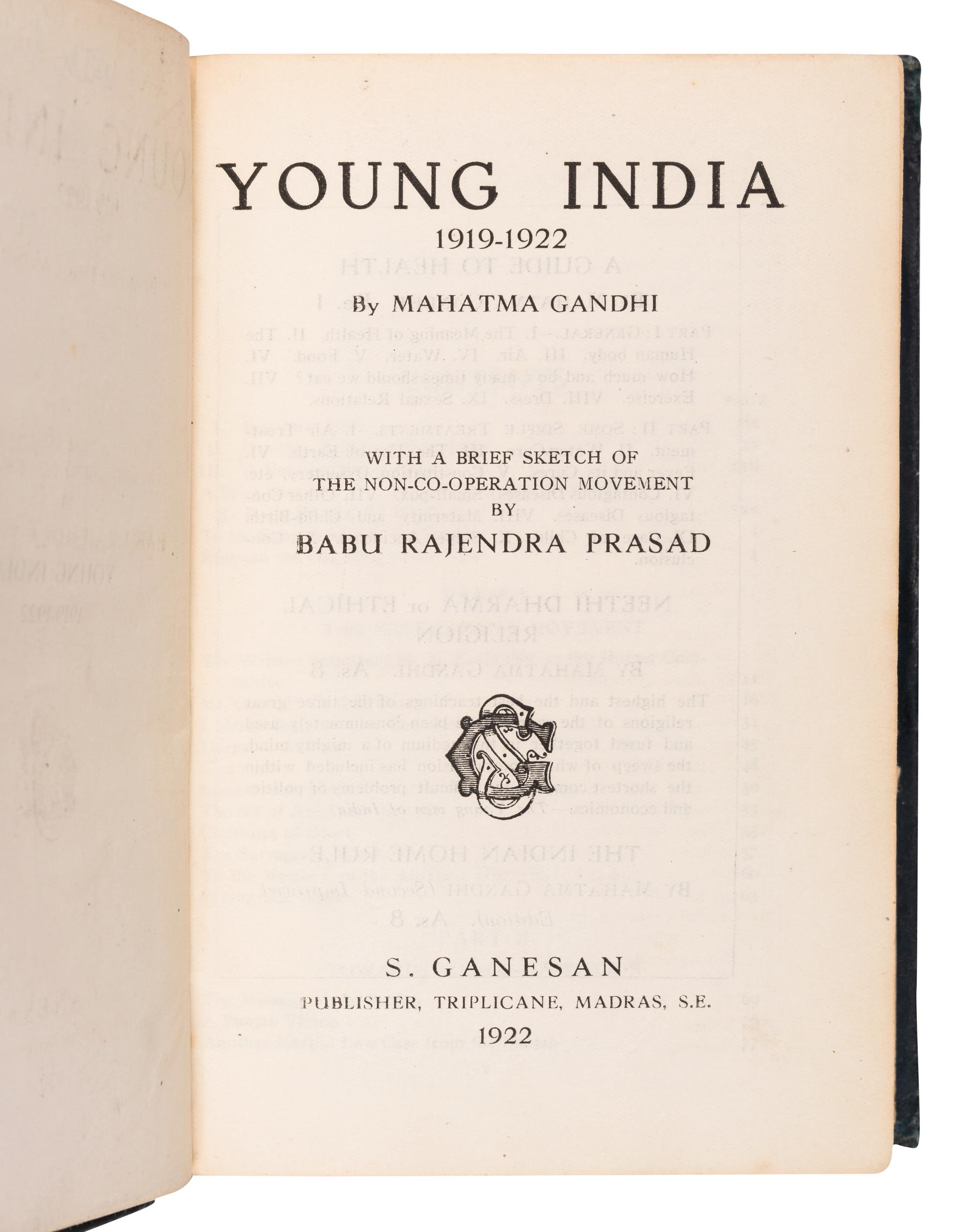 GANDHI, Mohandas K. (1869-1948). Young India, 1919-1922 . Madras: S. Ganesan, 1922.