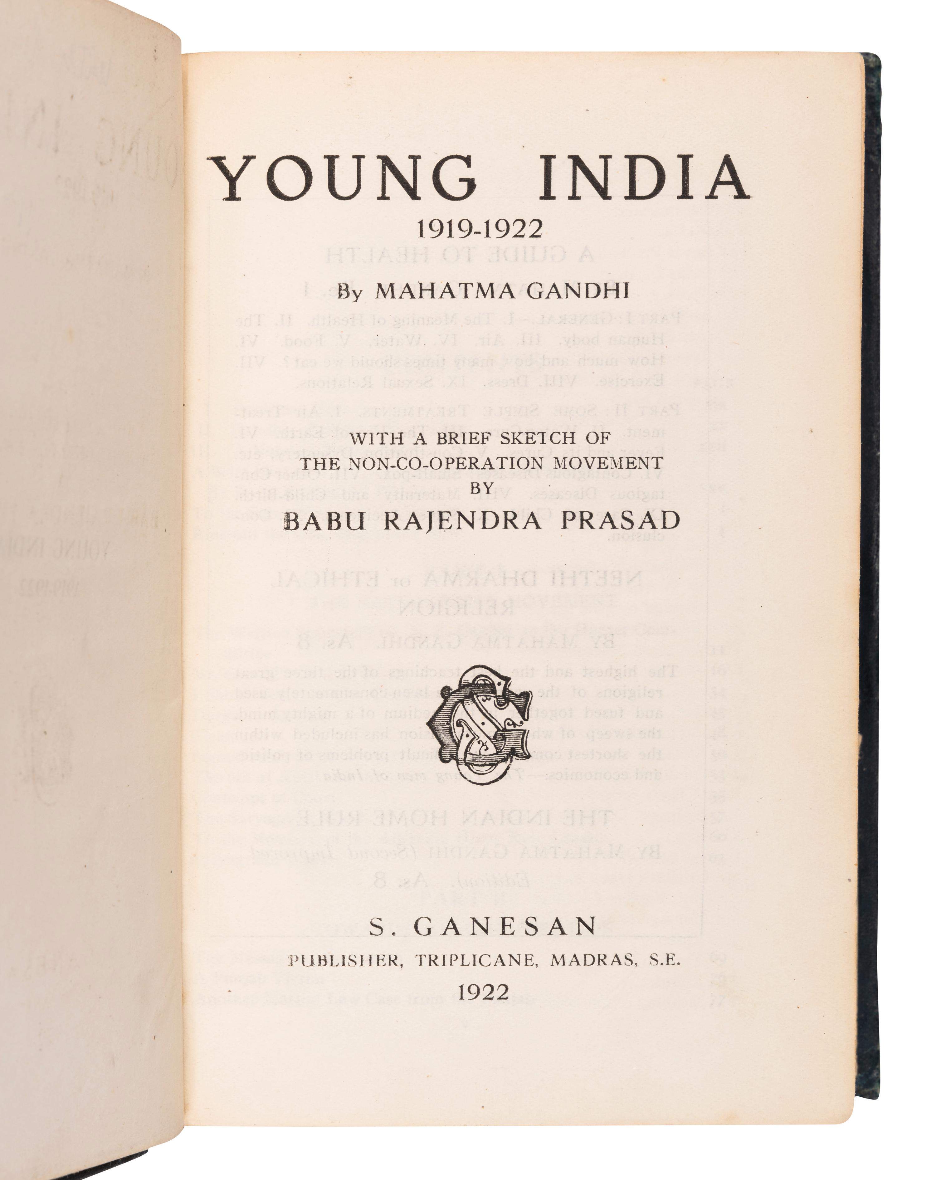 GANDHI, Mohandas K. (1869-1948). Young India, 1919-1922 . Madras: S. Ganesan, 1922.