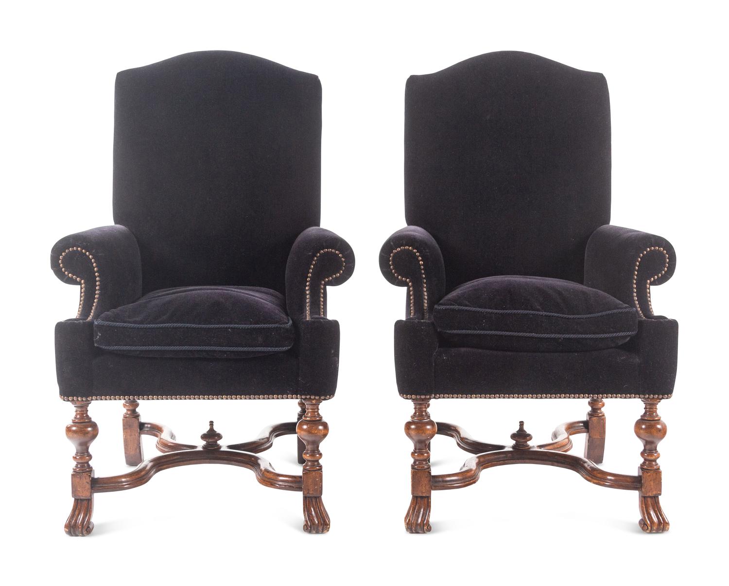 A Pair of William and Mary Style Velvet-Upholstered Walnut Armchairs