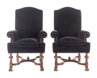 A Pair of William and Mary Style Velvet-Upholstered Walnut Armchairs