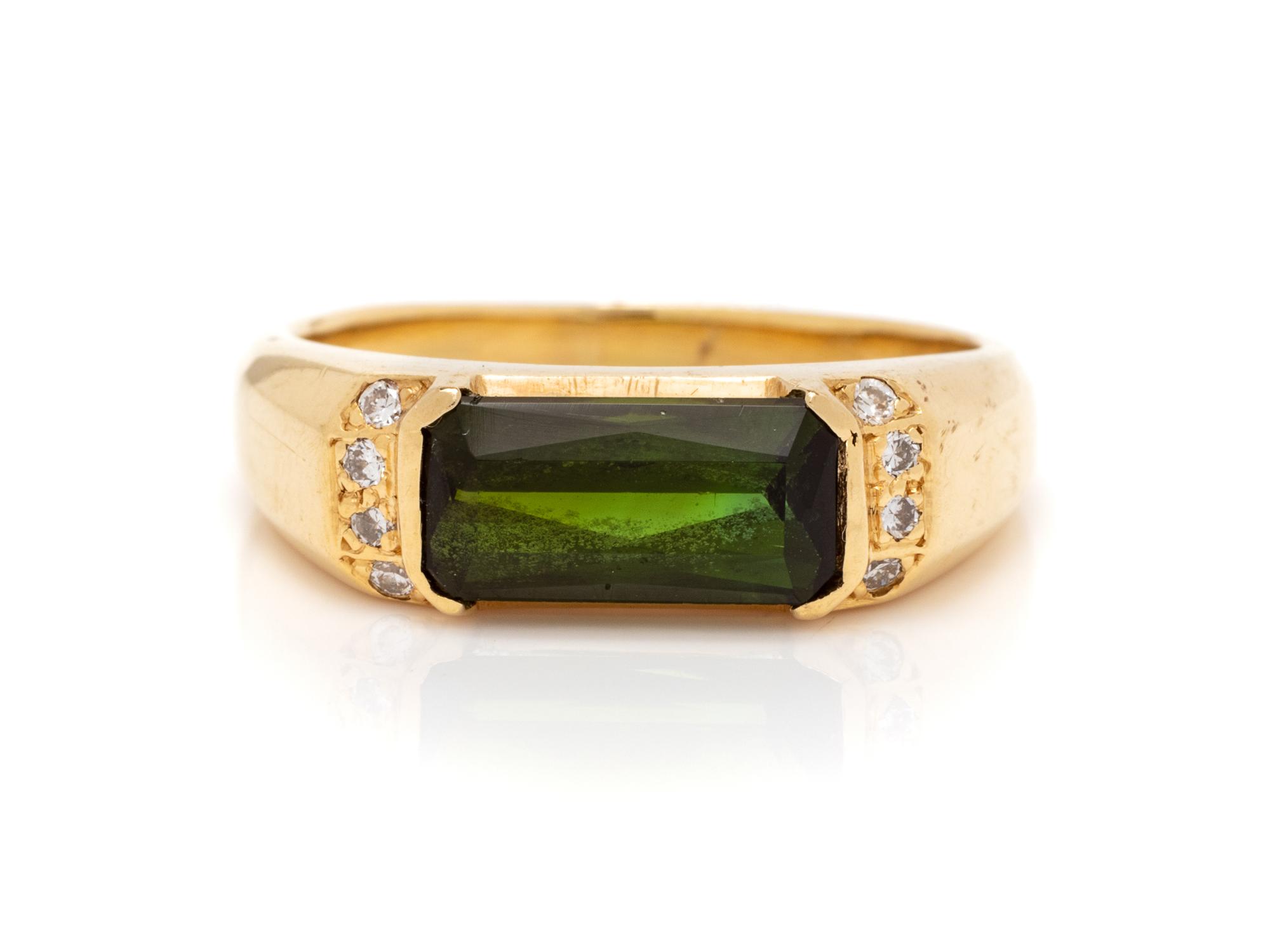 A 14 Karat Yellow Gold, Green Tourmaline and Diamond Ring,