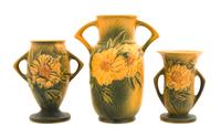 Three Roseville Peony Pottery Vases Height of tallest 9 1/4 inches.