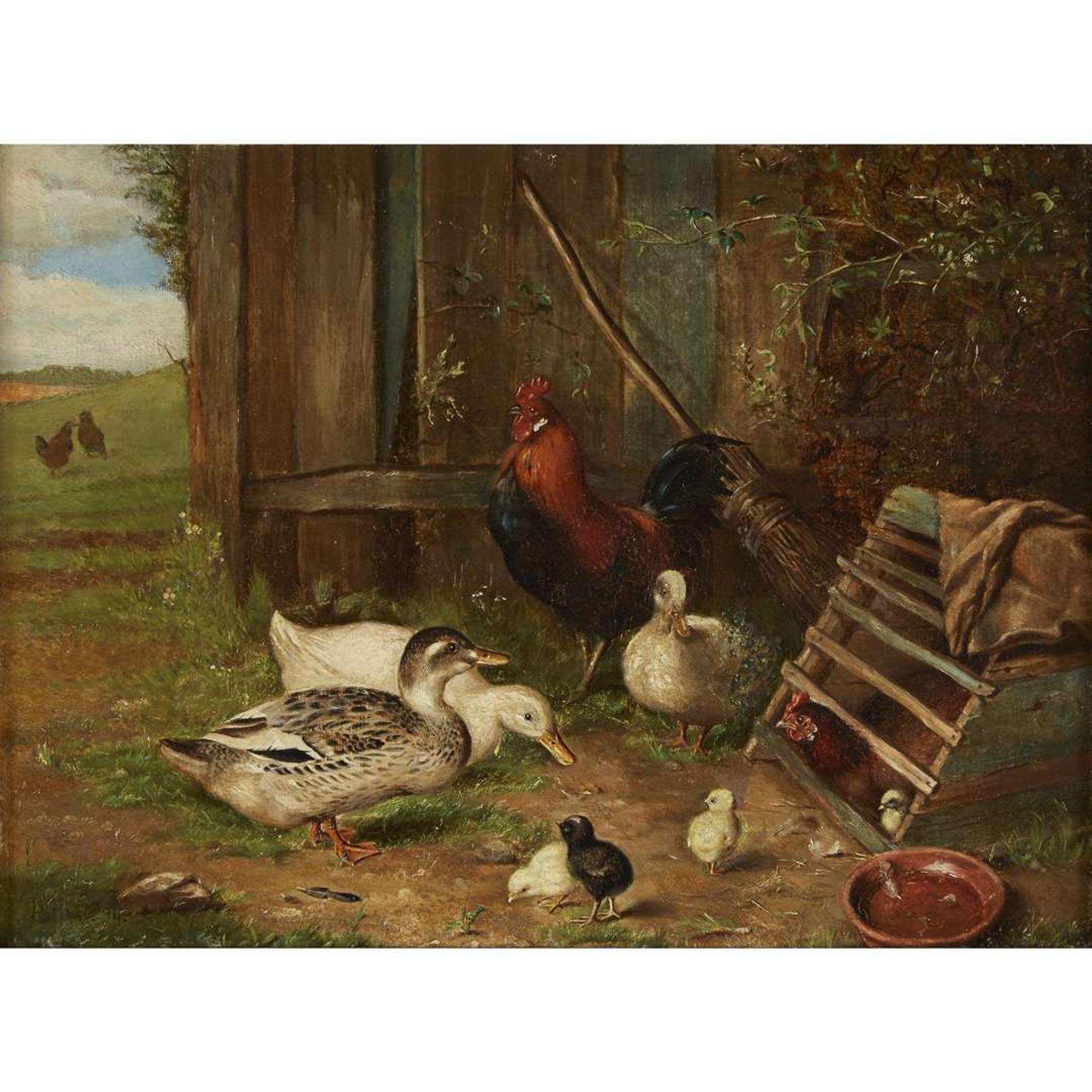 EDGAR HUNT (BRITISH 1876-1953) FOWL IN A FARMYARD
