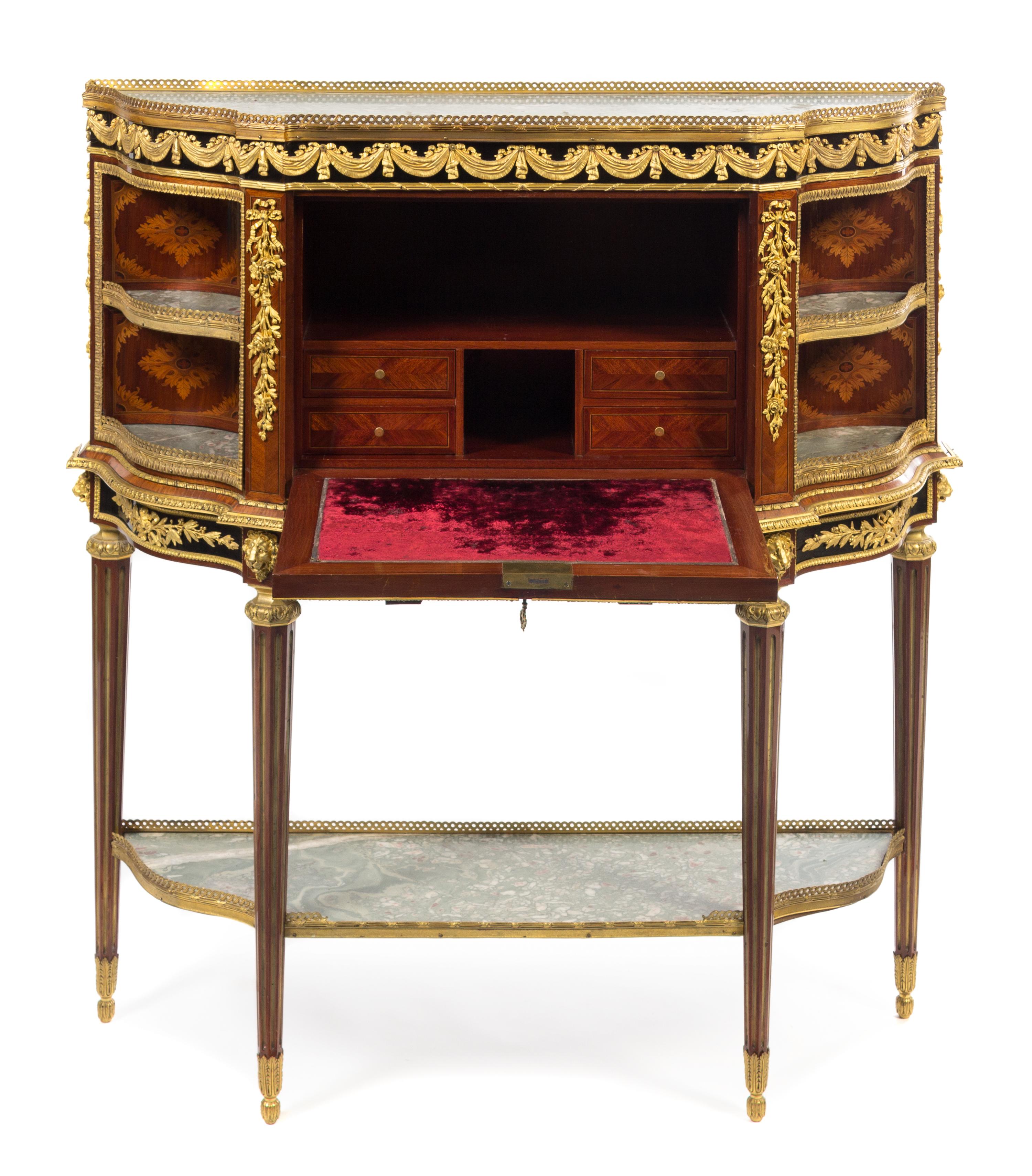 A Louis XVI Style Gilt Bronze Mounted Marquetry Secretaire a Abattant Height 44 1/4 x width 41 x depth 14 inches. — LATE 19TH CENTURY