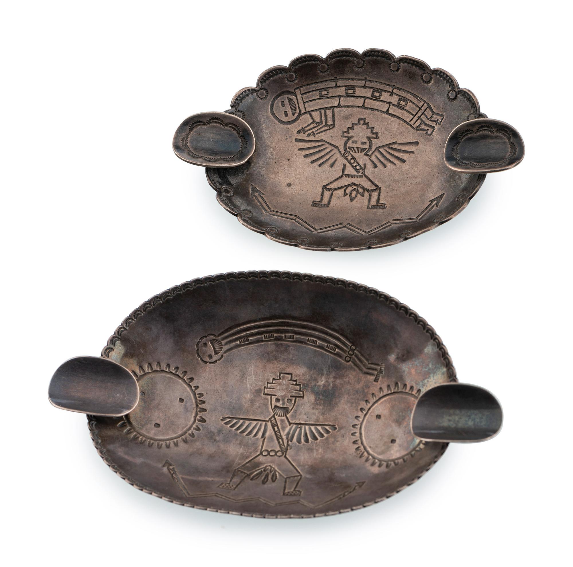 Heavily Stamped Silver Ashtrays, with Knifewing, Rainbow Guardian, Lightening, and Sunface Imagery