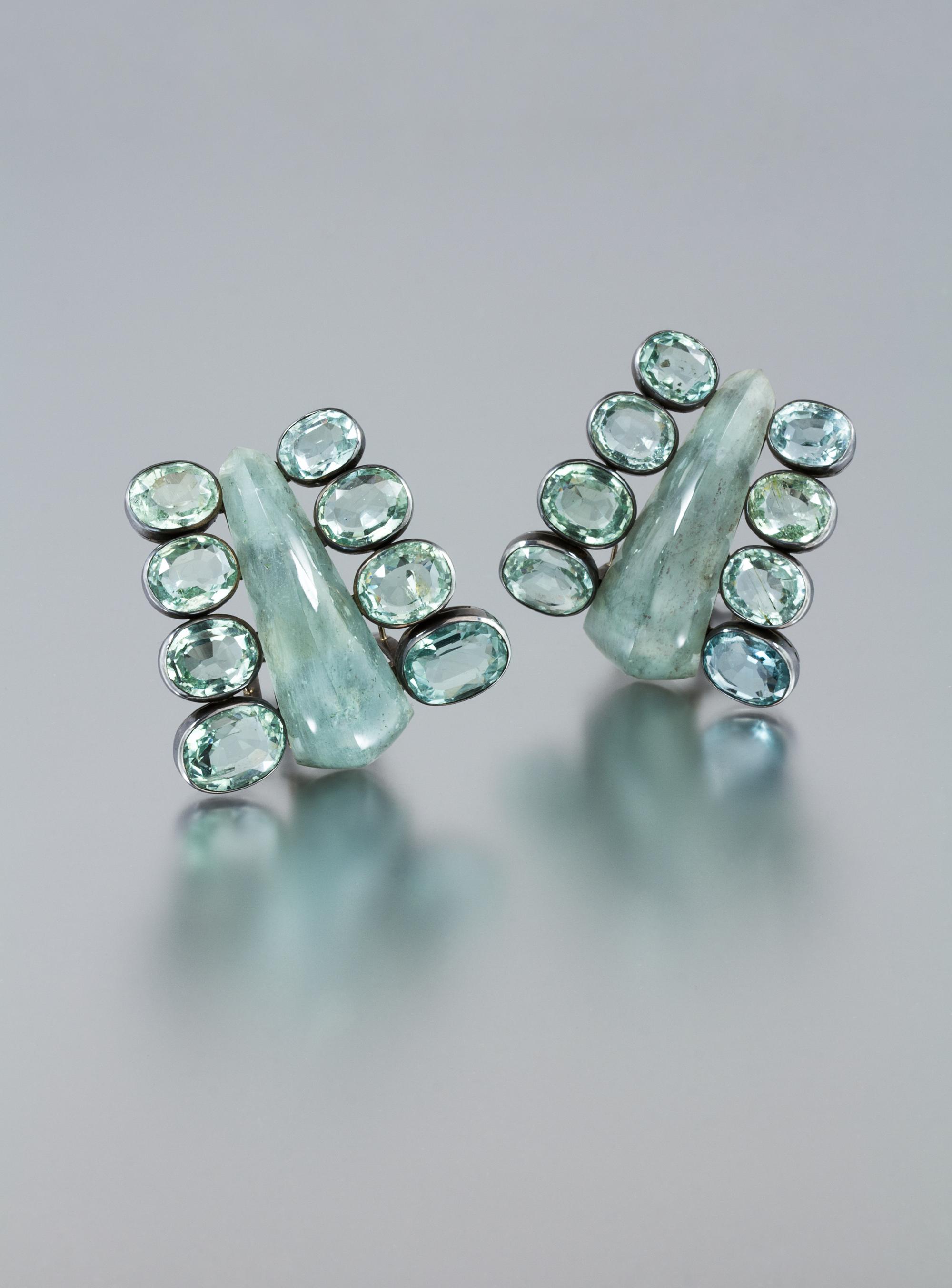 A Pair of Silver, Green Beryl and Carved Aquamarine Dress Clips, Suzanne Belperron, 67.30 dwts.