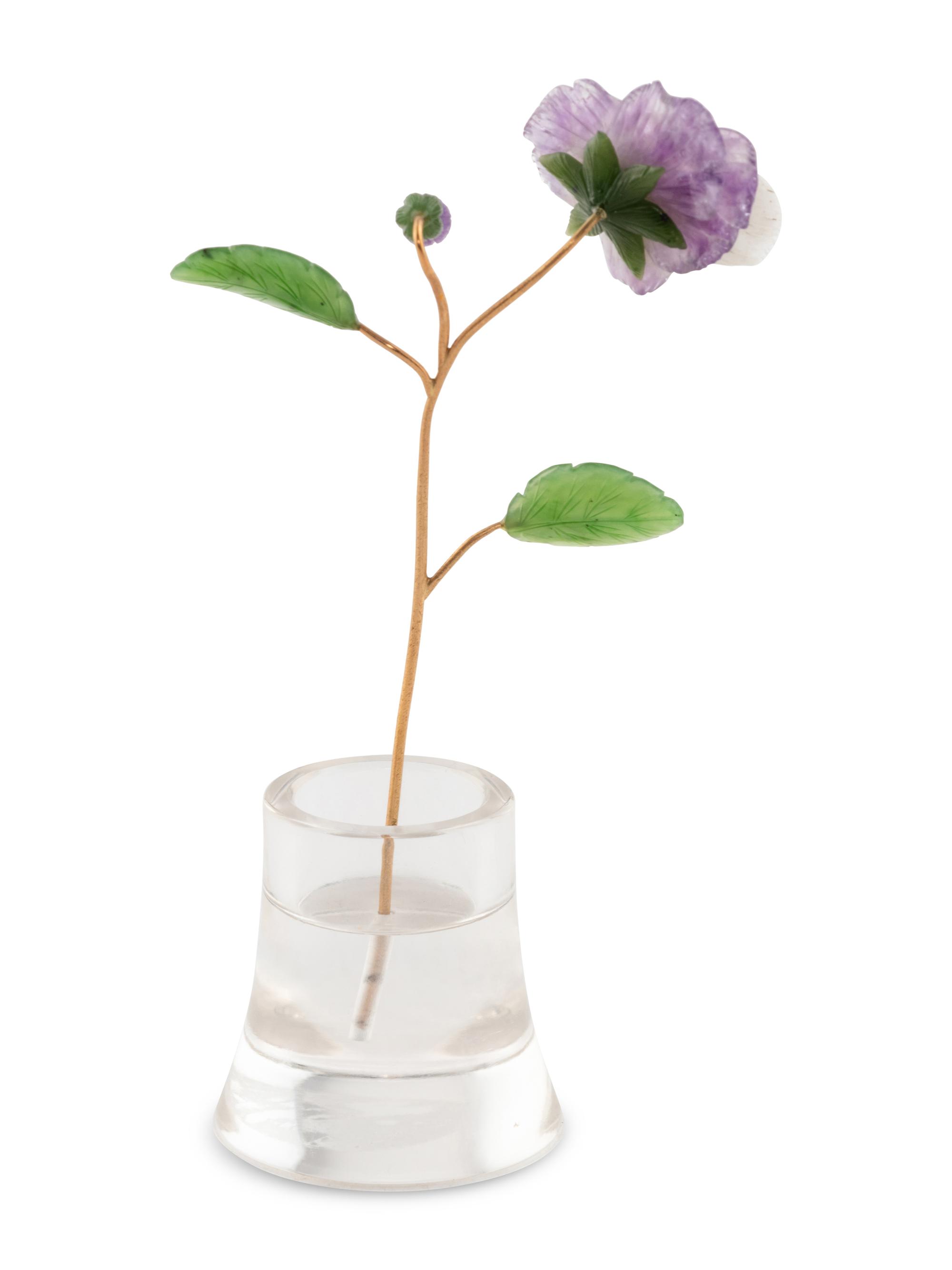 A Diamond-Mounted Carved Rock Crystal, Nephrite, Amethyst and 18-Karat Gold Pansy Flower Study