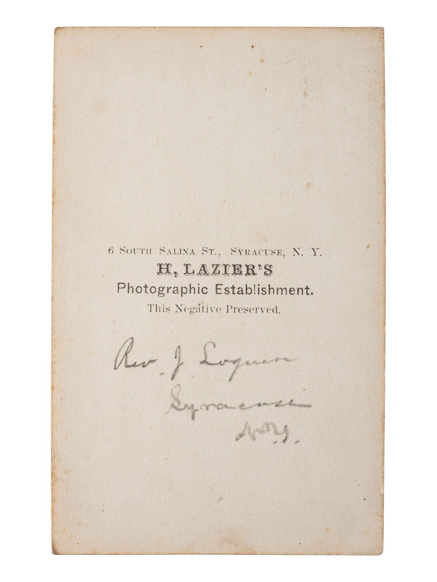 [AFRICAN AMERICANA]. LAZIER, H., photographer. CDV of African American Reverend Jermain Loguen, the "king" or "prince" of the Underground Railroad. Syracuse, NY.