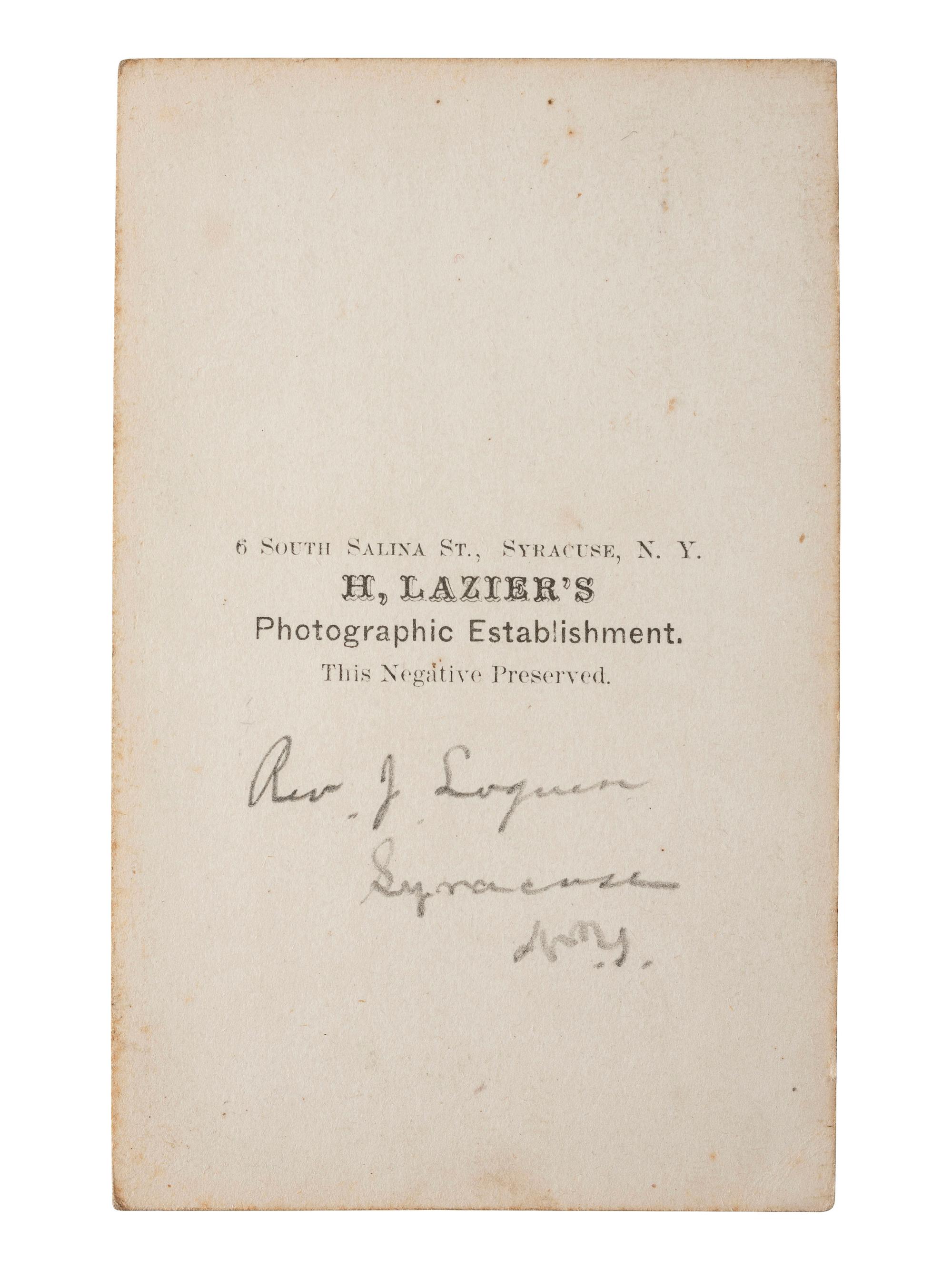 [AFRICAN AMERICANA]. LAZIER, H., photographer. CDV of African American Reverend Jermain Loguen, the "king" or "prince" of the Underground Railroad. Syracuse, NY.
