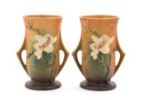 A Pair of Roseville Magnolia Pottery Vases Height 7 1/2 inches.