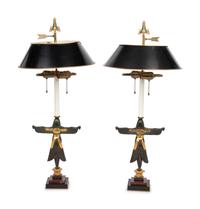 A Pair of Egyptian Revival Parcel Gilt Bronze Figures Mounted as Lamps with Tole Shades