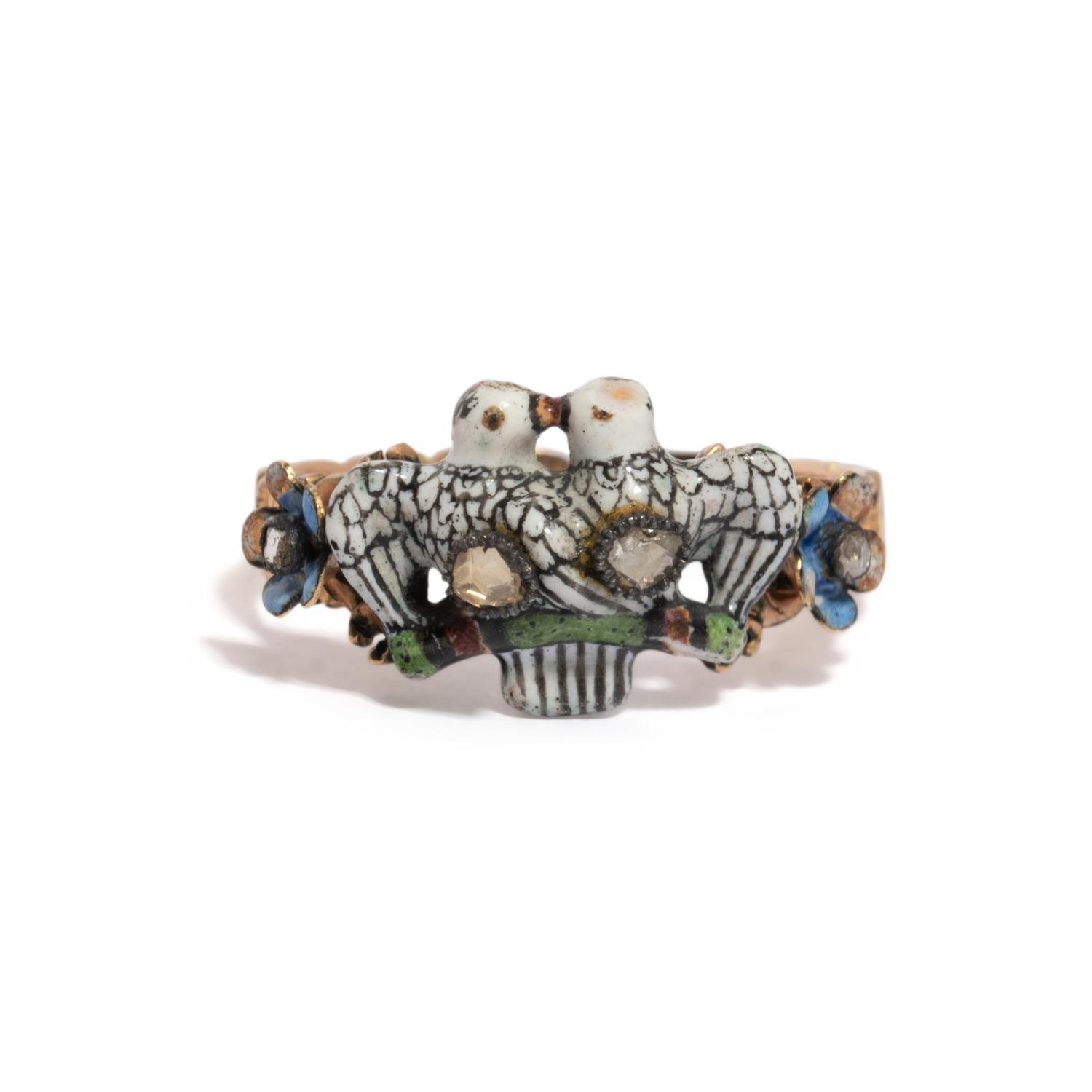 ANTIQUE, ENAMEL AND DIAMOND LOVEBIRDS RING