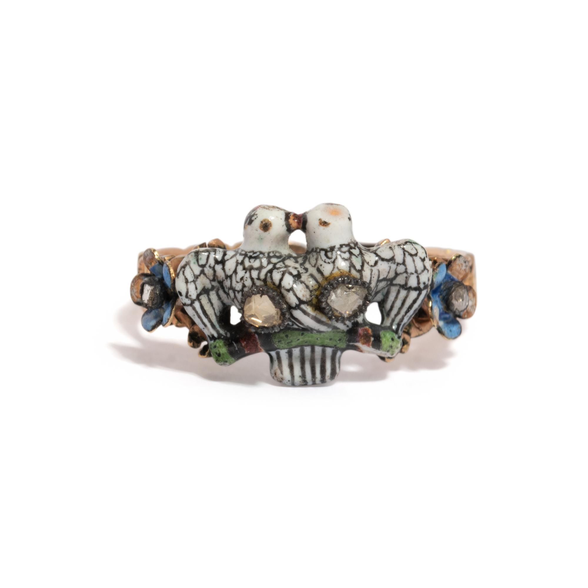 ANTIQUE, ENAMEL AND DIAMOND LOVEBIRDS RING