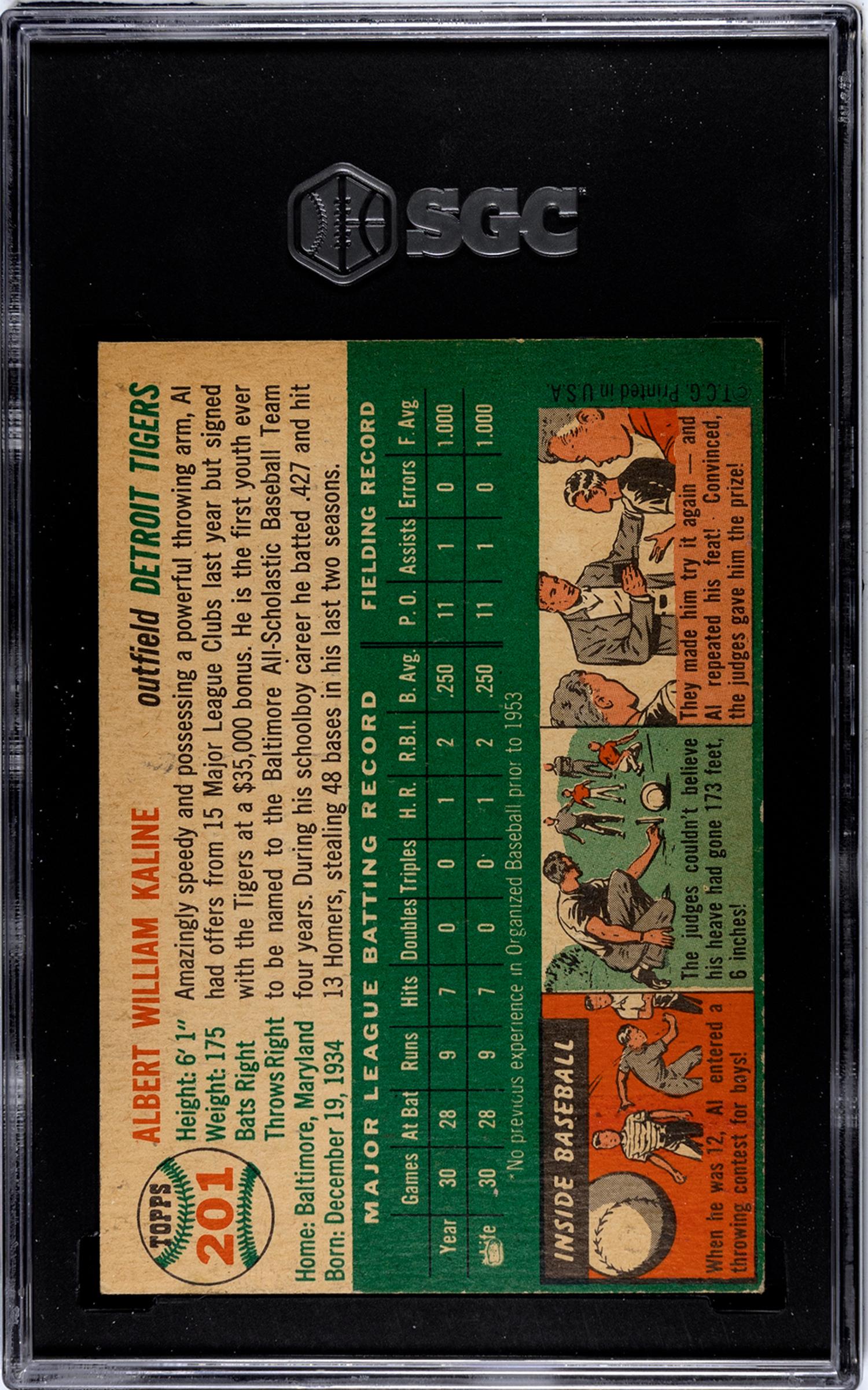 A 1954 Topps Al Kaline Rookie Baseball Card No. 201 (SGC 3 VG)