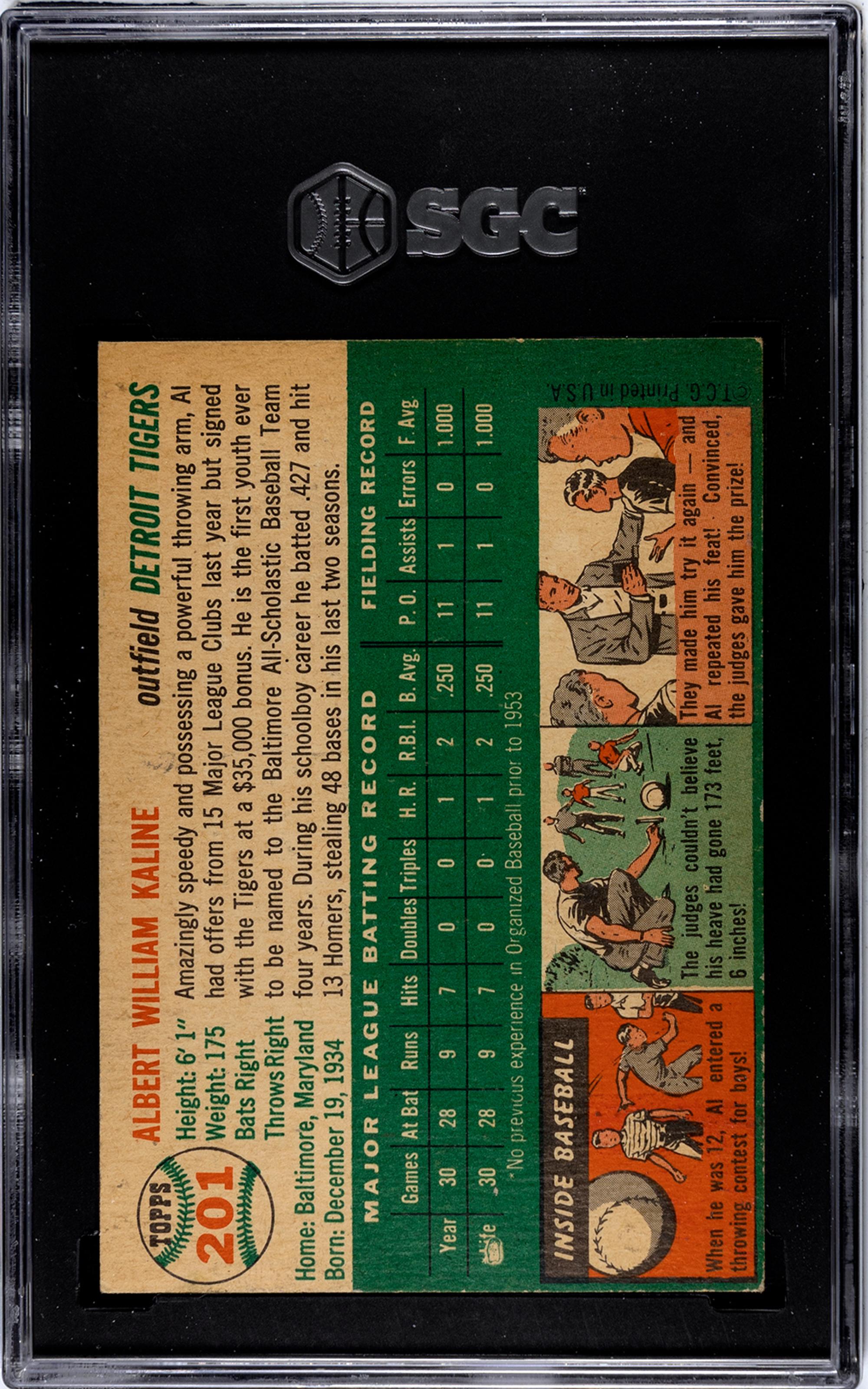 A 1954 Topps Al Kaline Rookie Baseball Card No. 201 (SGC 3 VG)