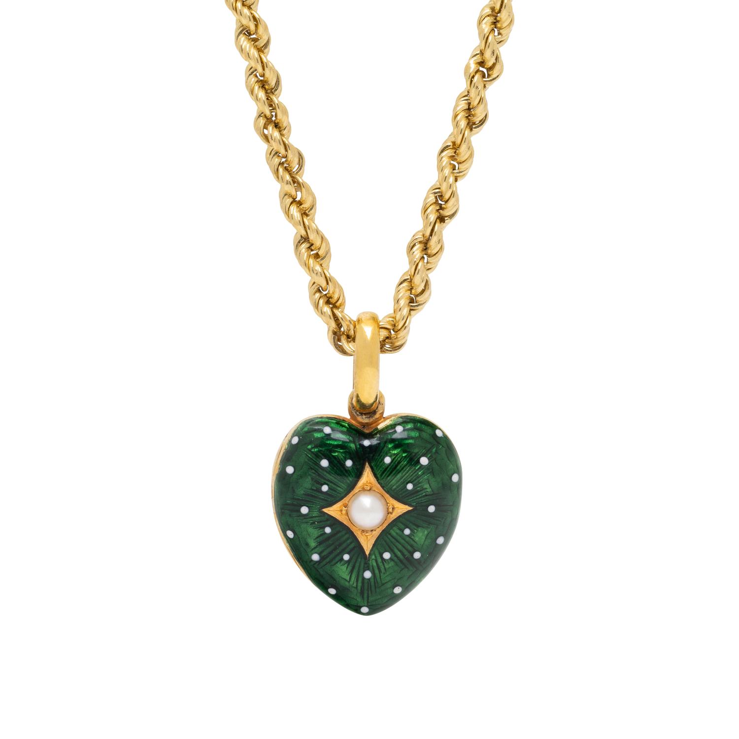 YELLOW GOLD, ENAMEL, AND SEED PEARL LOCKET AND CHAIN
