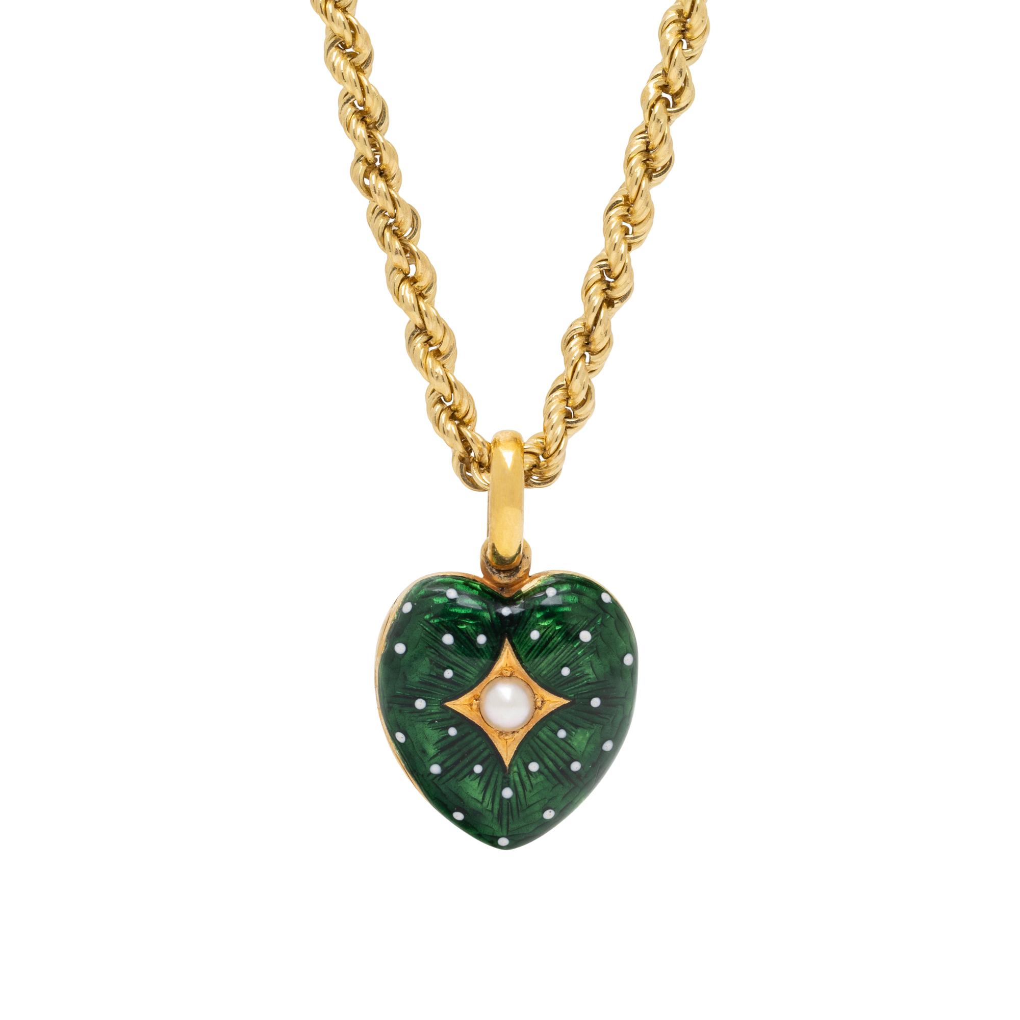 YELLOW GOLD, ENAMEL, AND SEED PEARL LOCKET AND CHAIN