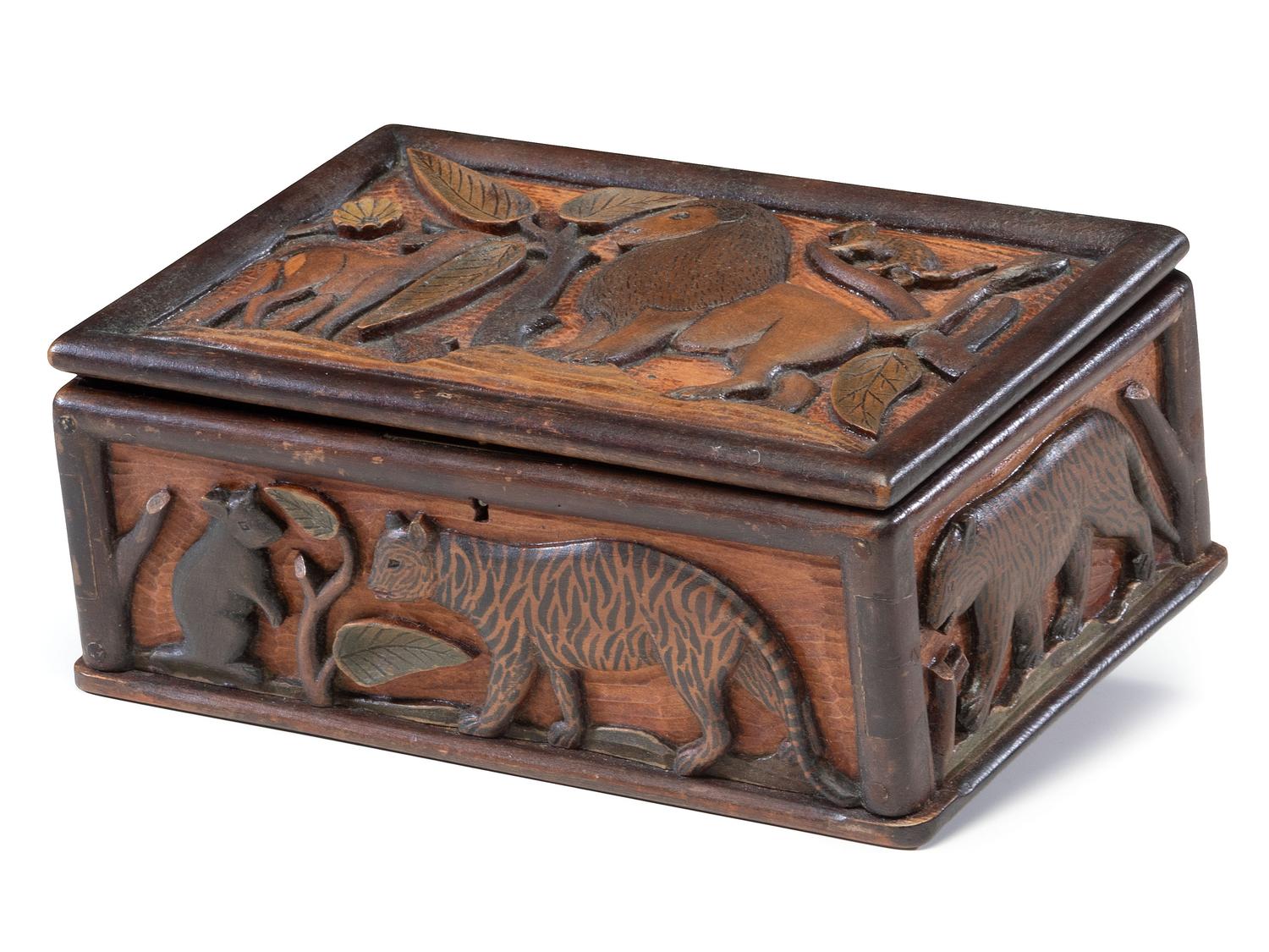 A Folk Art Polychrome Painted Pine Dresser Box with Exotic Animals