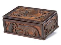 A Folk Art Polychrome Painted Pine Dresser Box with Exotic Animals