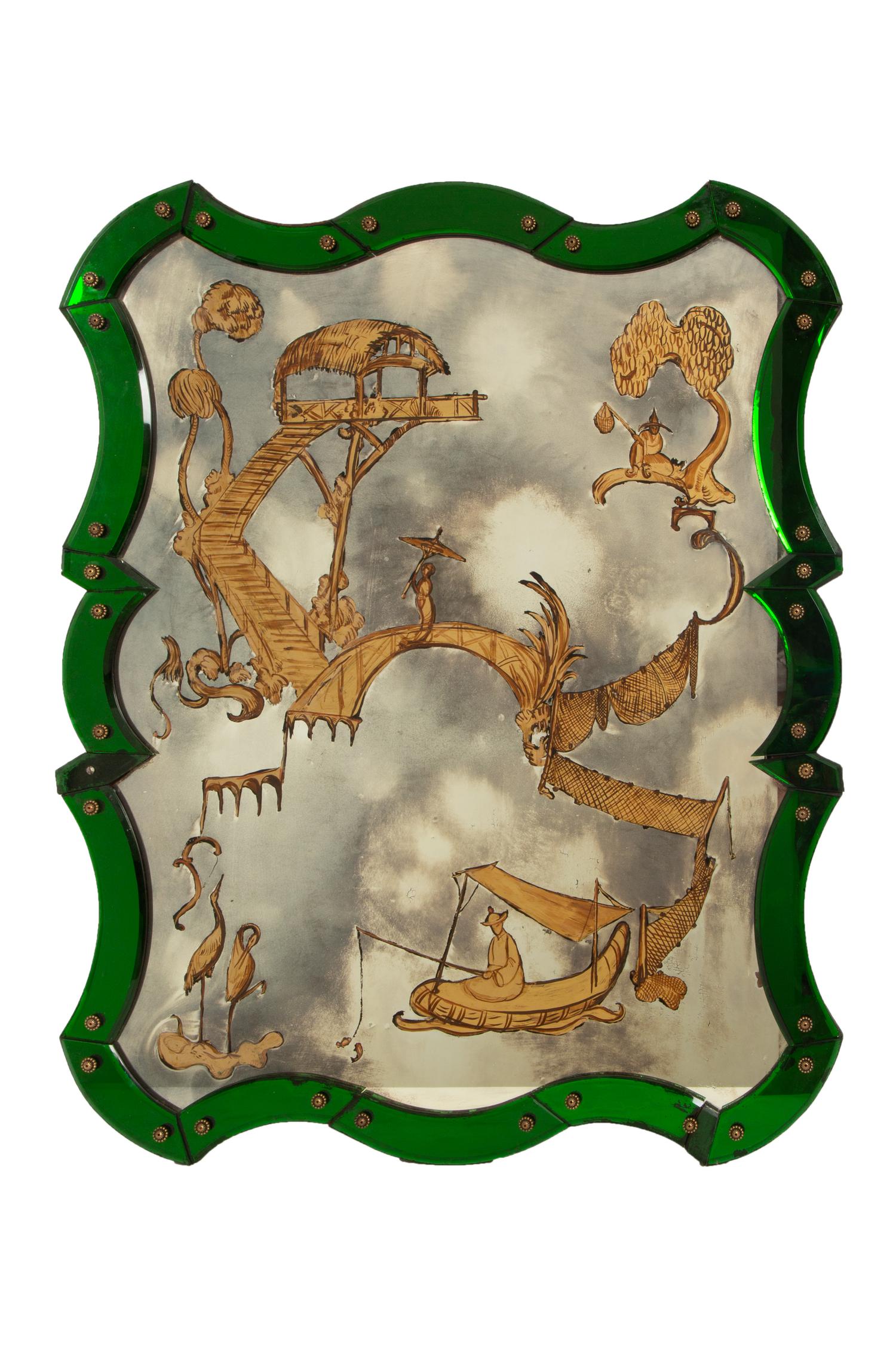 A Pair of Venetian Style Chinoiserie-Decorated Painted Glass Mirrors
