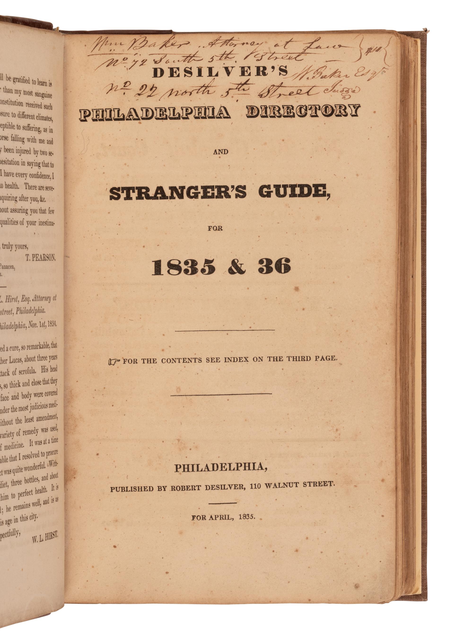 [AMERICANA]. DESILVER, Robert. DeSilver's Philadelphia Directory and Stranger's Guide for 1835 & 1836 . Philadelphia: Robert DeSilver, 1835.