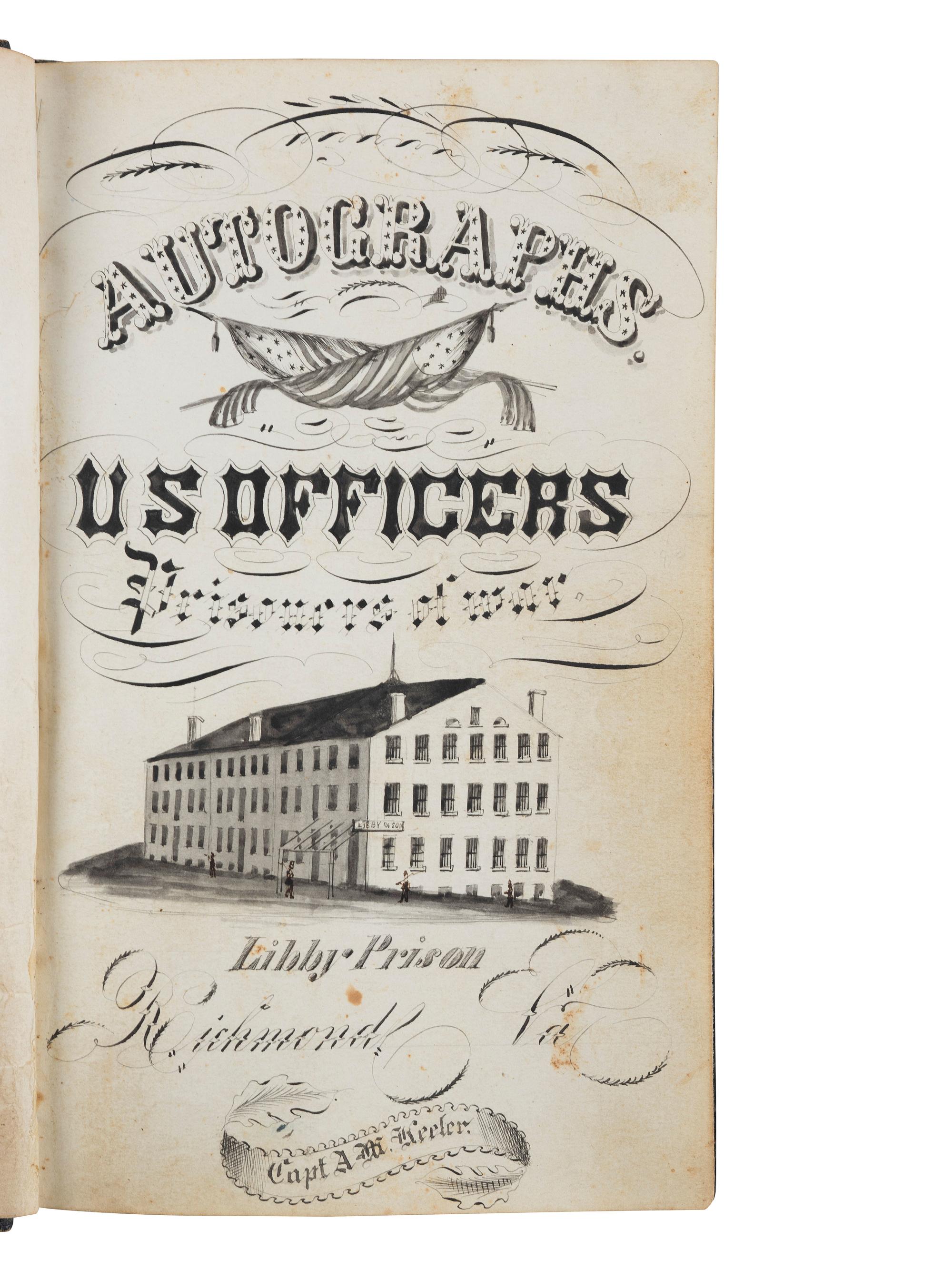 [CIVIL WAR]. Union POW autograph album signed by officers confined at Libby Prison and Bible identified to Capt. Alonzo Martin Keeler, 22nd Michigan Infantry.