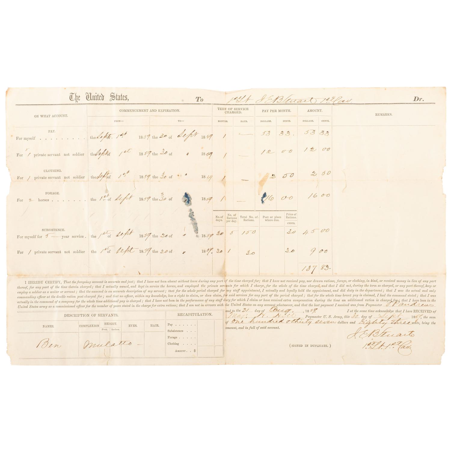J.E.B. Stuart Thrice Signed Pre-War Pay Voucher