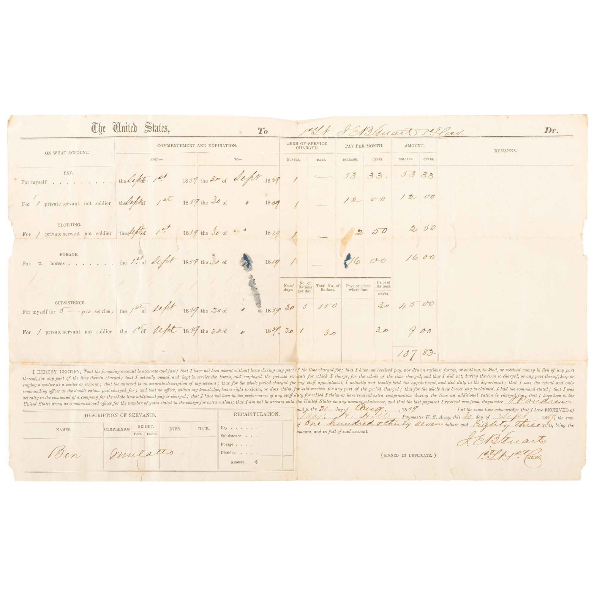 J.E.B. Stuart Thrice Signed Pre-War Pay Voucher