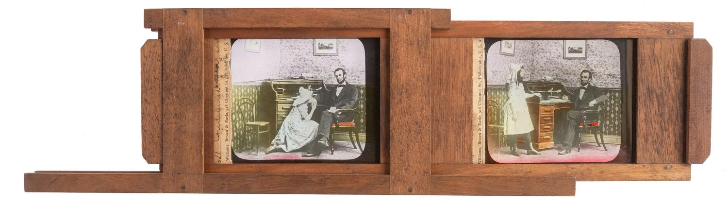 [LINCOLNIANA - MAGIC LANTERN SLIDES]. A collection of 65 assorted glass slides depicting important subjects and scenes depicting the life, death, and legacy of Abraham Lincoln, including: